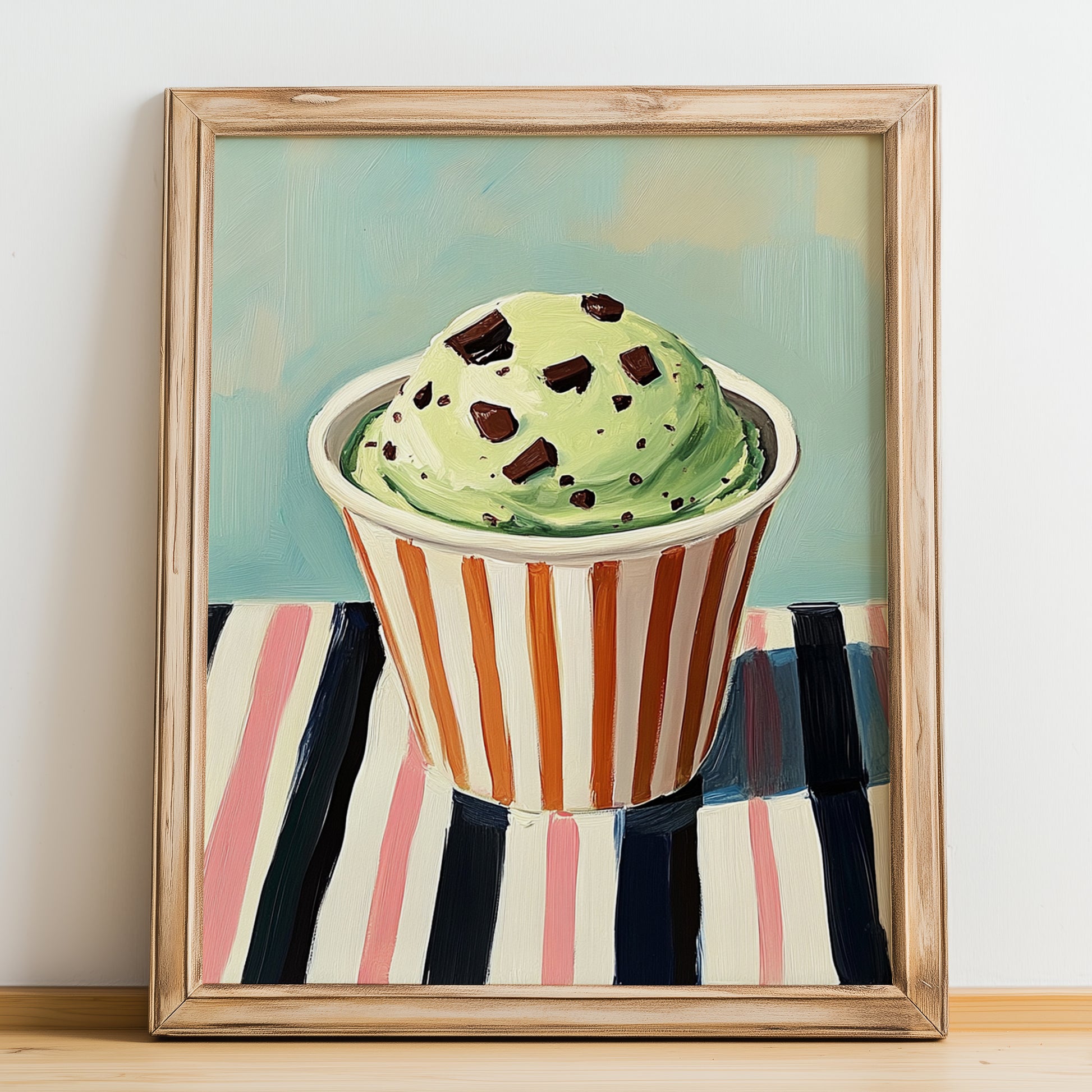 Menta – on Striped Tablecloth, Gelato Poster, no-text version framed in wood