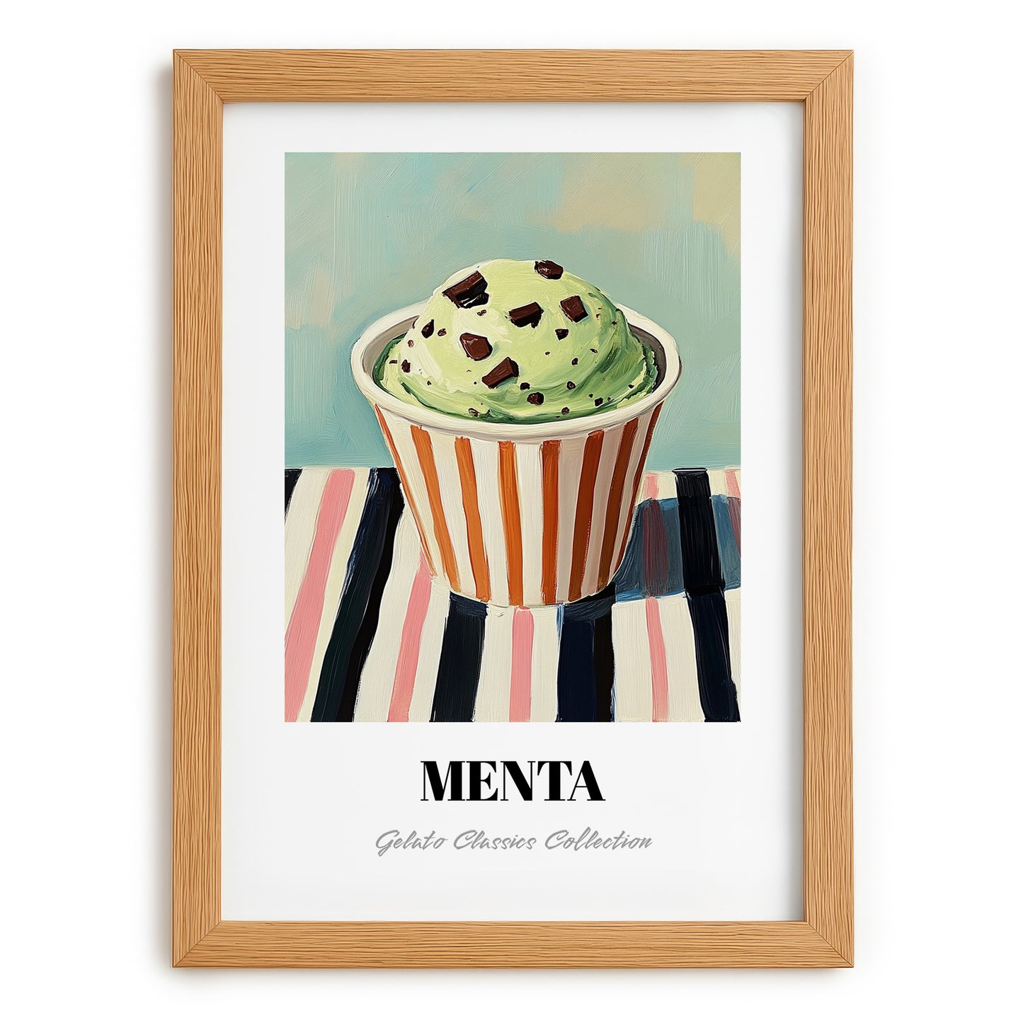 Menta – on Striped Tablecloth, Gelato Poster, set in oak frame
