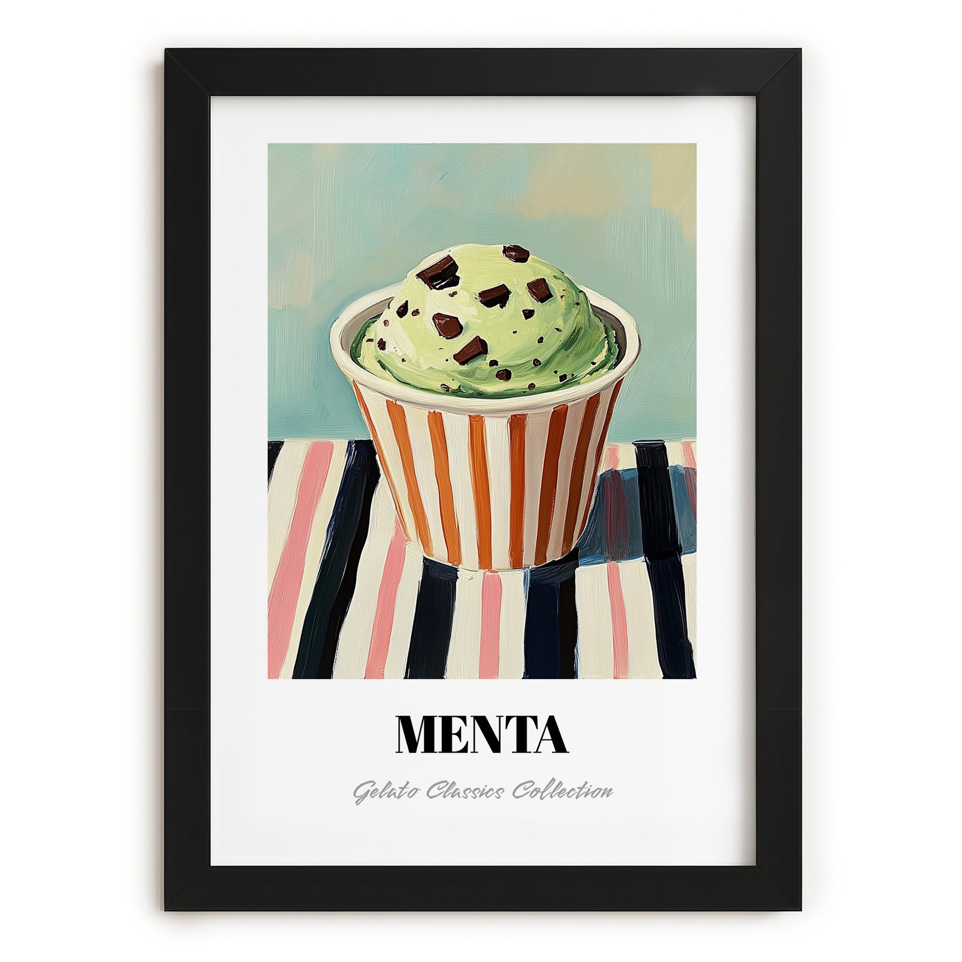 Menta – on Striped Tablecloth, Gelato Poster, in sleek black frame