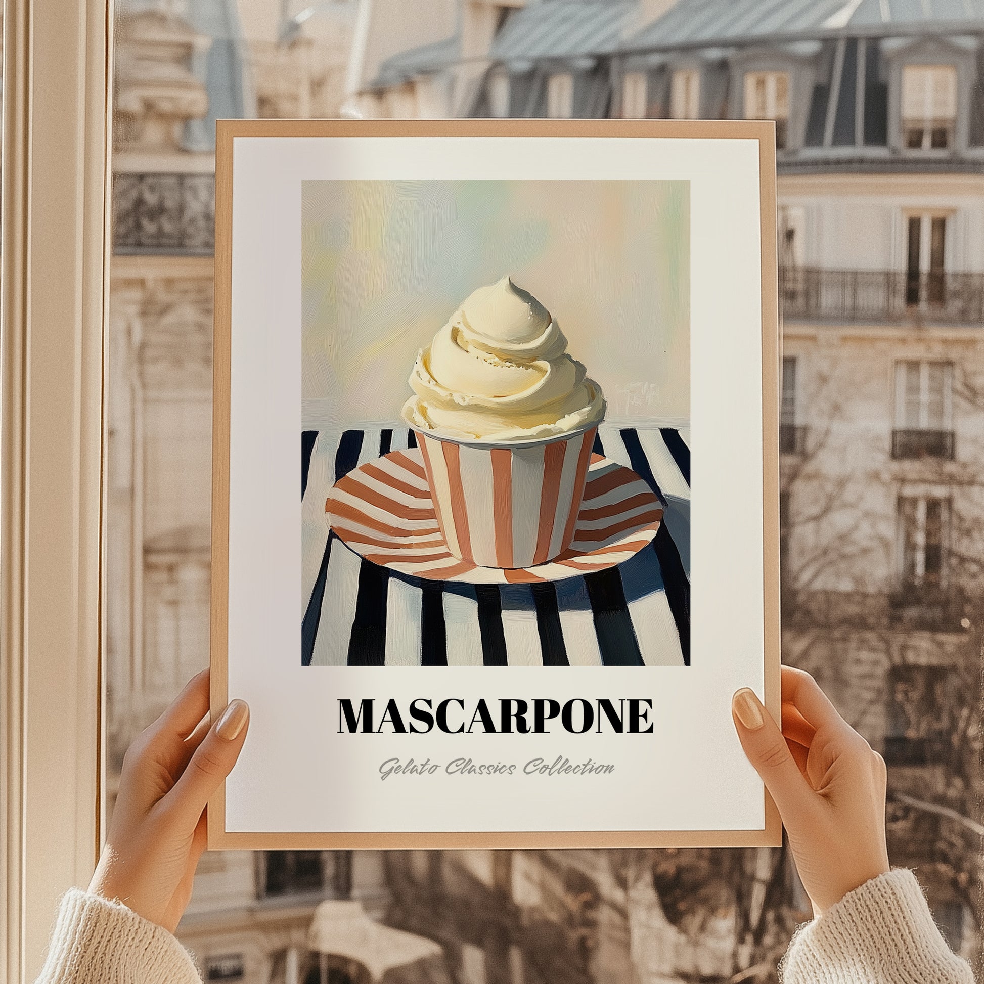 Mascarpone – on Striped Tablecloth, Gelato Still Life, styled in a charming Paris street view