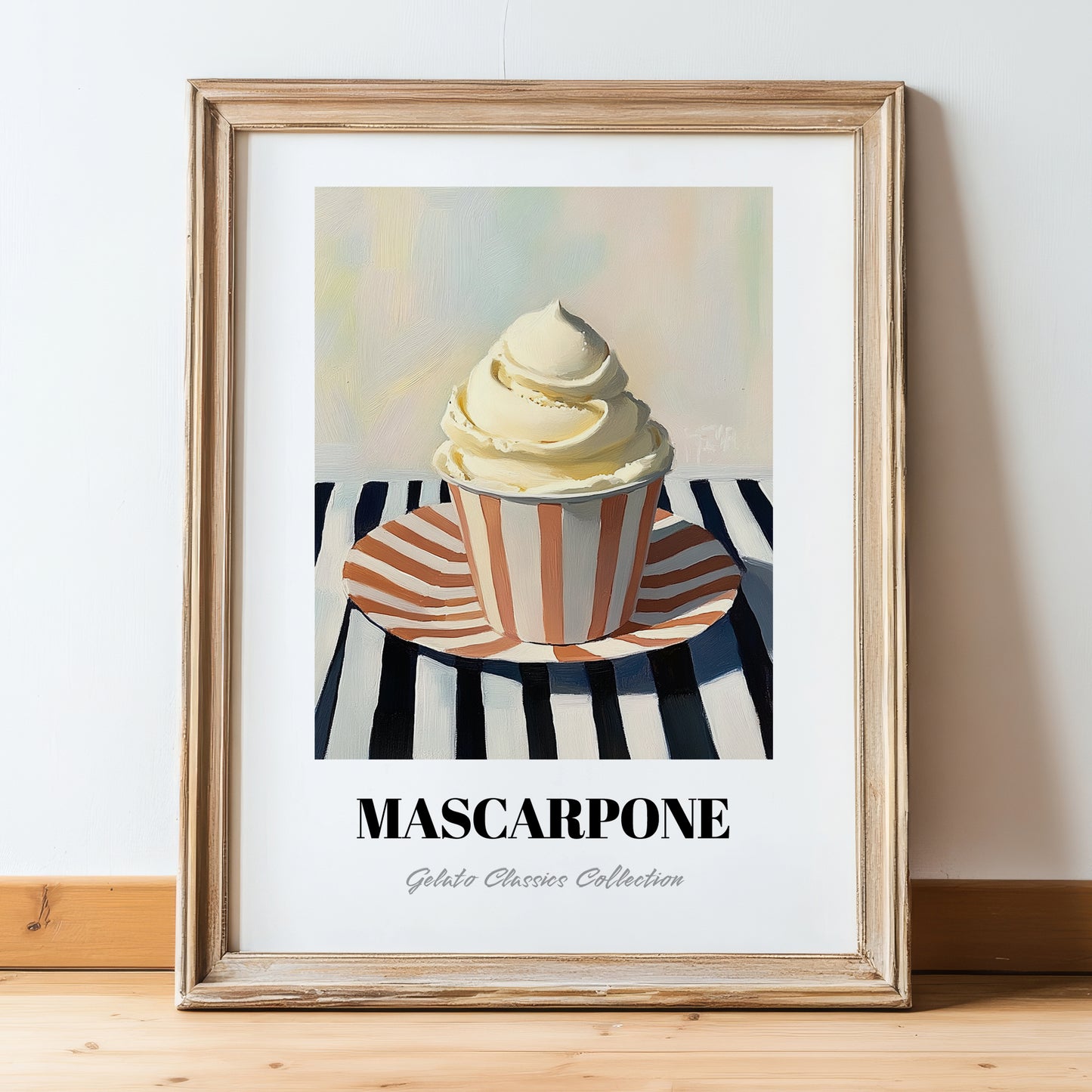 Mascarpone – on Striped Tablecloth, Gelato Still Life, in wooden frame leaning on the floor