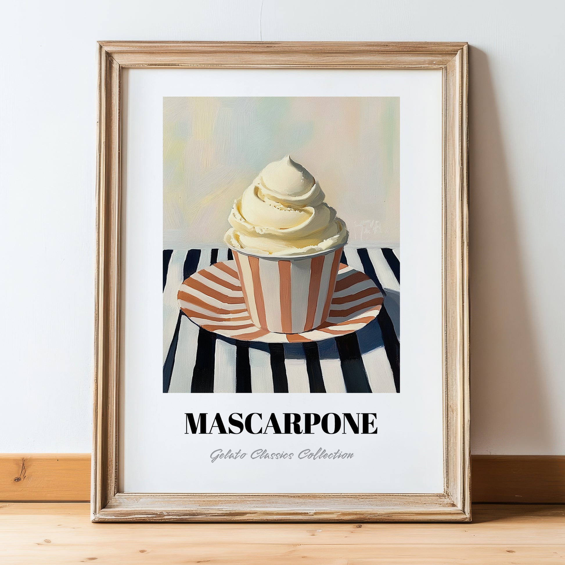 Mascarpone – on Striped Tablecloth, Gelato Still Life, in wooden frame leaning on the floor