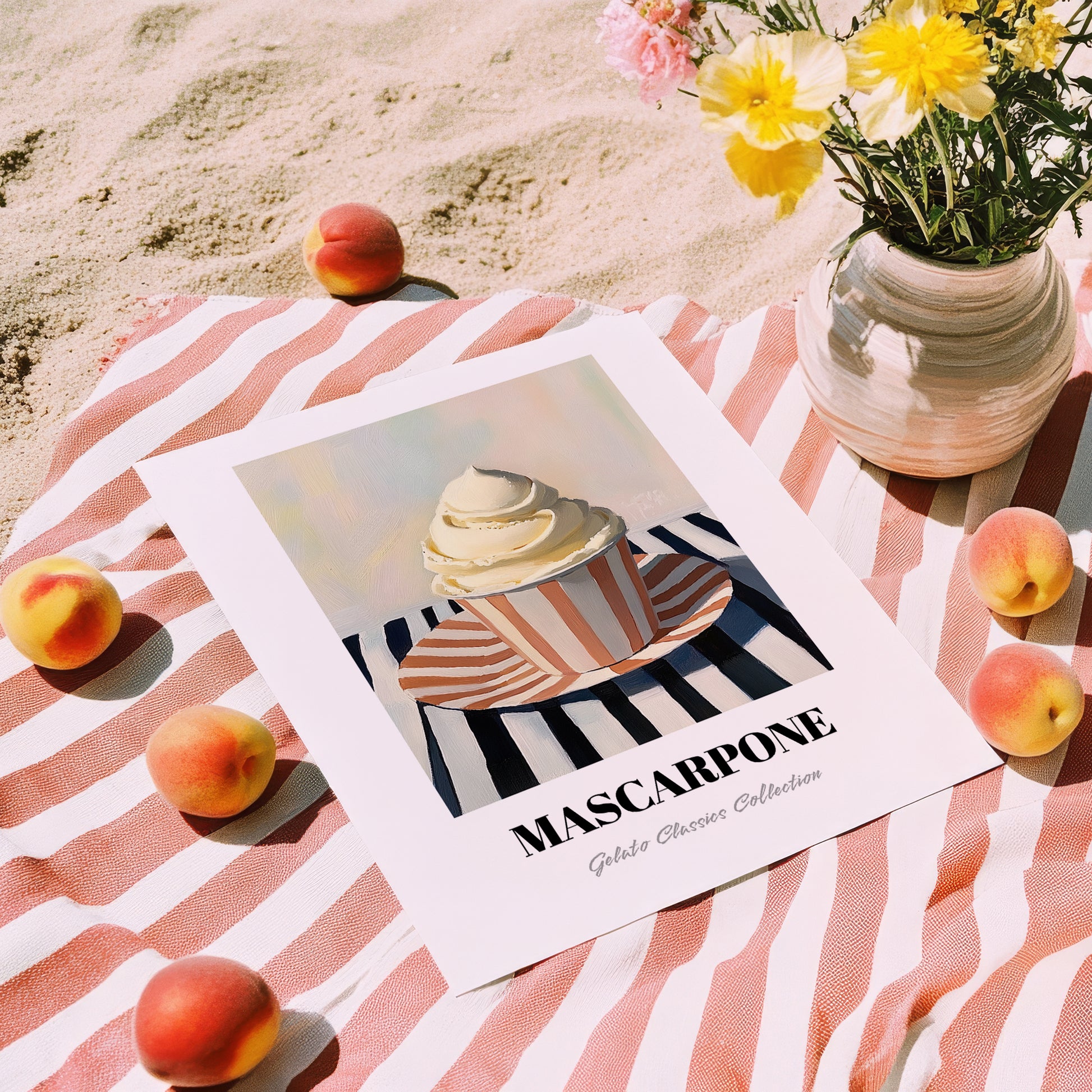 Mascarpone – on Striped Tablecloth, Gelato Still Life, unframed on coastal sand