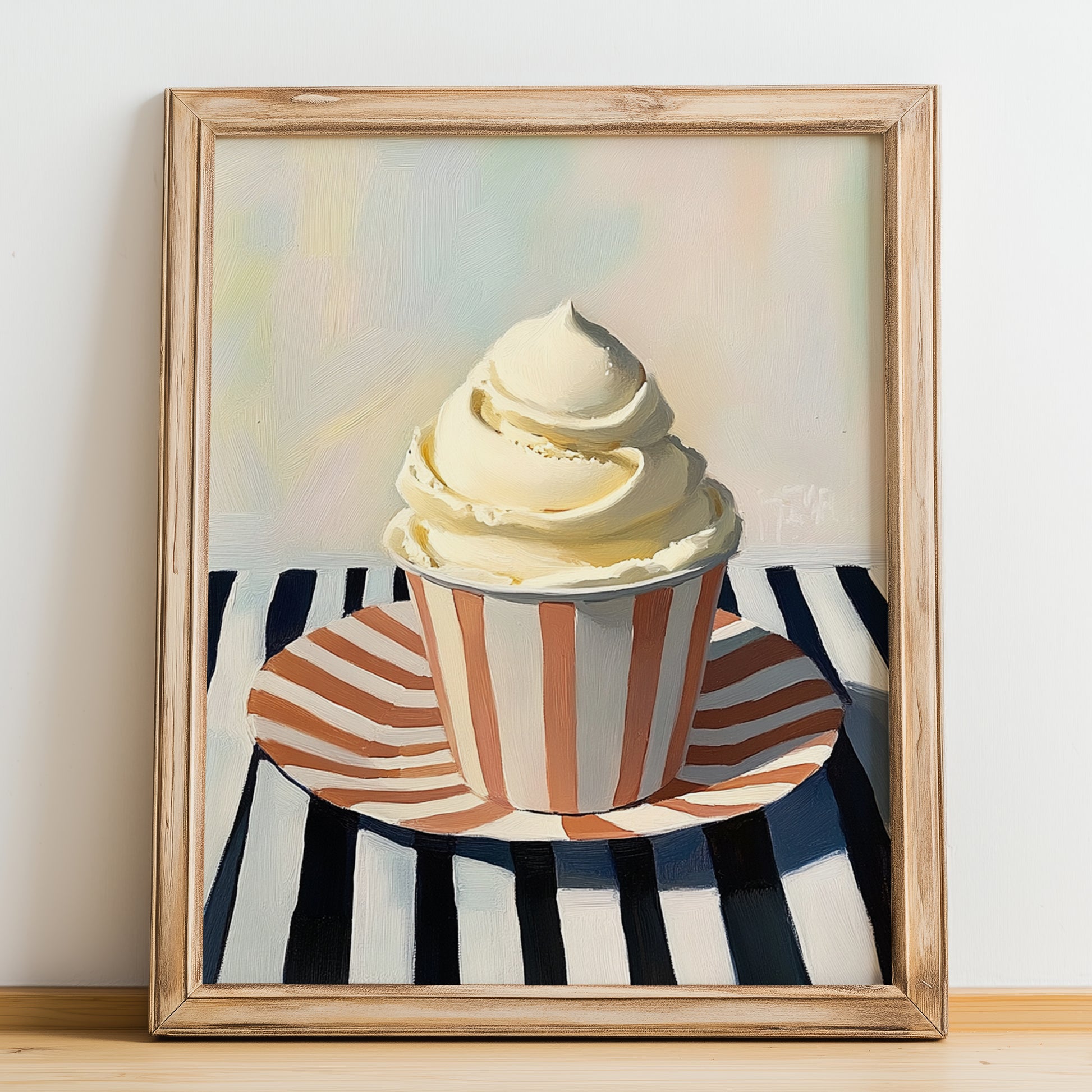 Mascarpone – on Striped Tablecloth, Gelato Still Life, no-text version framed in wood
