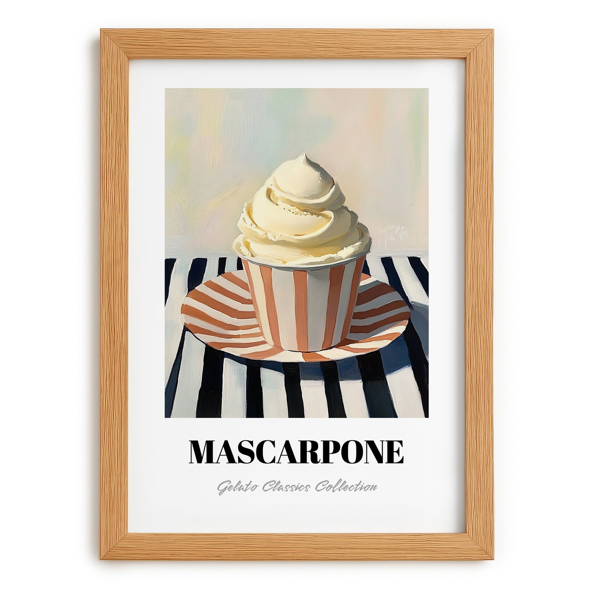 Mascarpone – on Striped Tablecloth, Gelato Still Life, set in oak frame