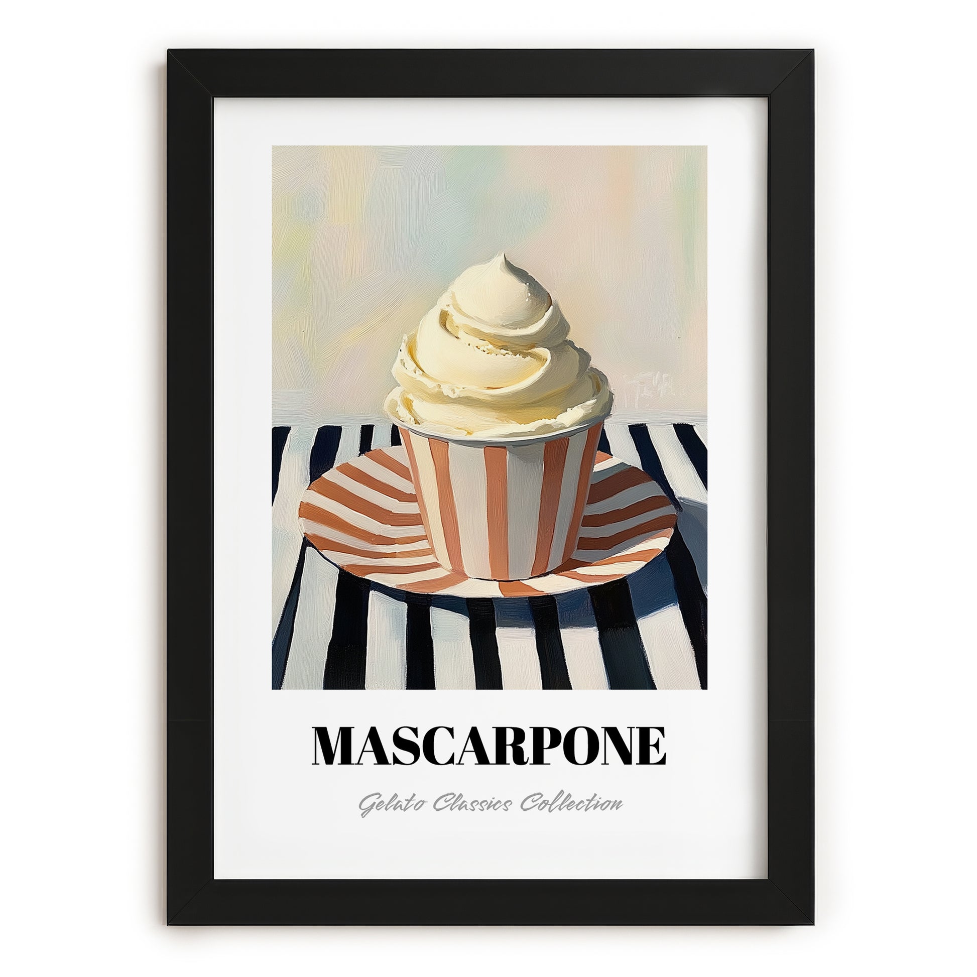 Mascarpone – on Striped Tablecloth, Gelato Still Life, in sleek black frame
