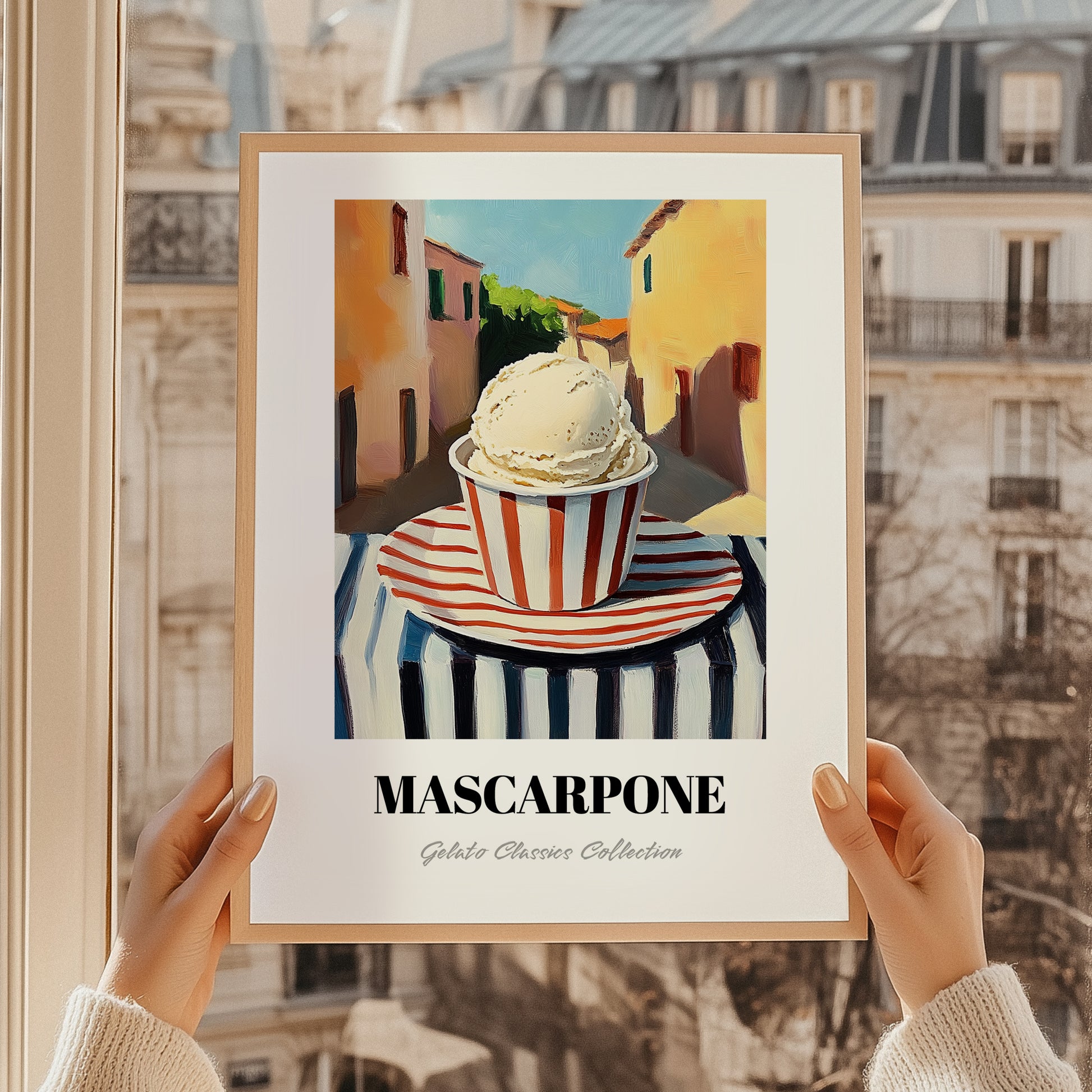 Gelato Mascarpone – Italian Street Café Scene, Gelato Still Life, styled in a charming Paris street view