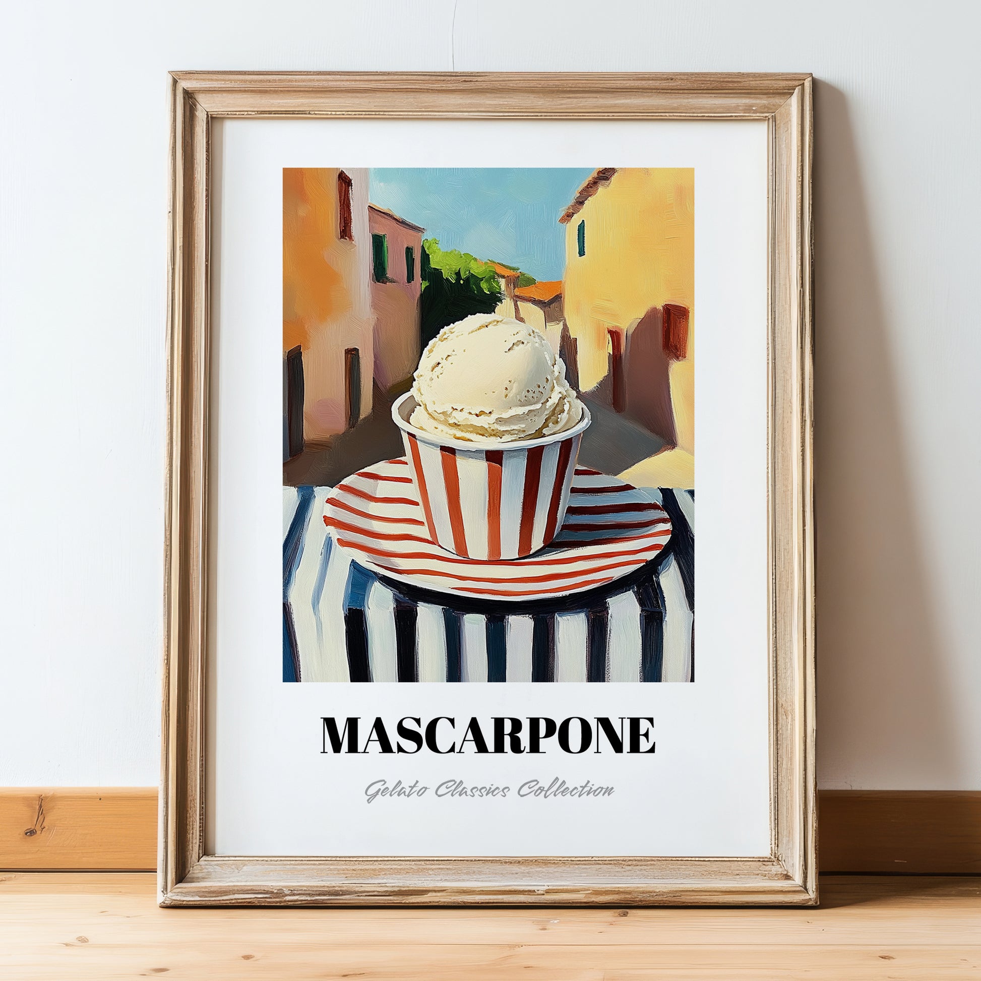 Gelato Mascarpone – Italian Street Café Scene, Gelato Still Life, in wooden frame leaning on the floor