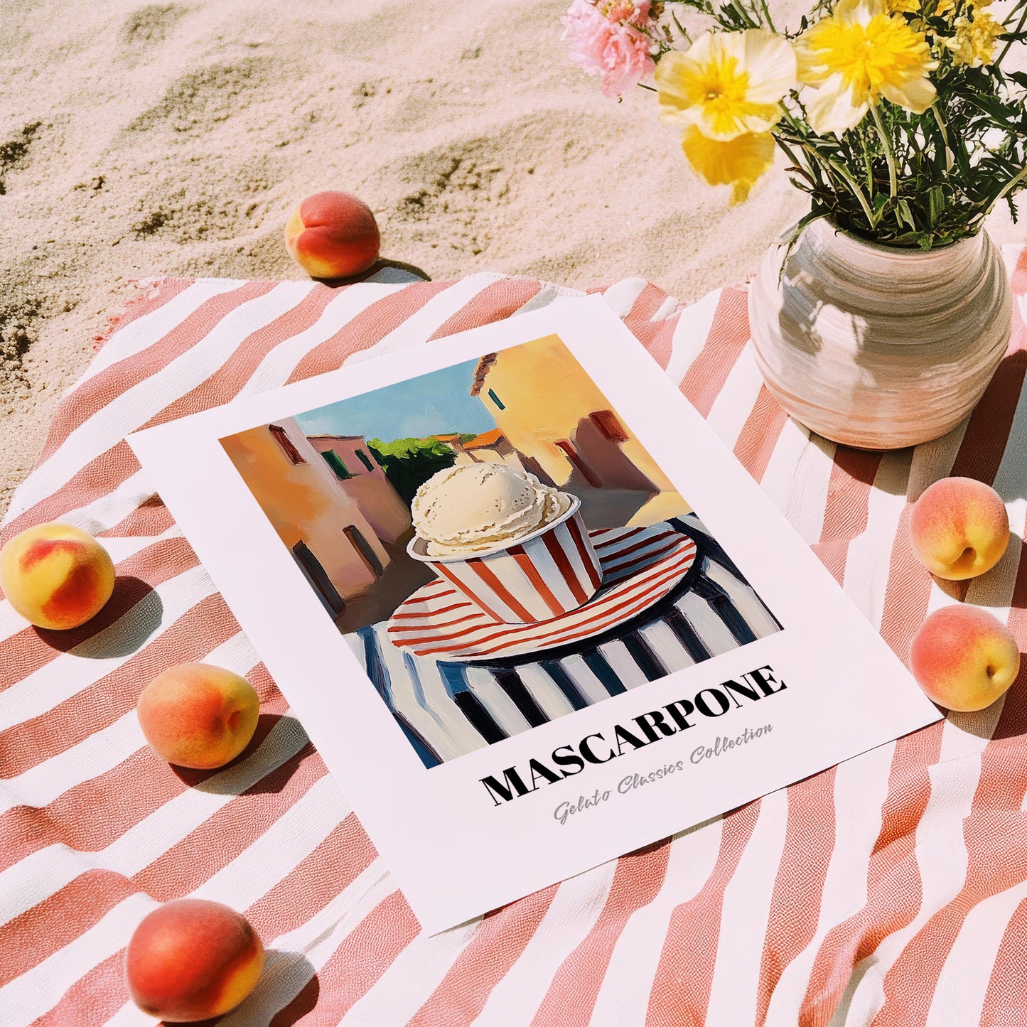 Gelato Mascarpone – Italian Street Café Scene, Gelato Still Life, unframed on coastal sand