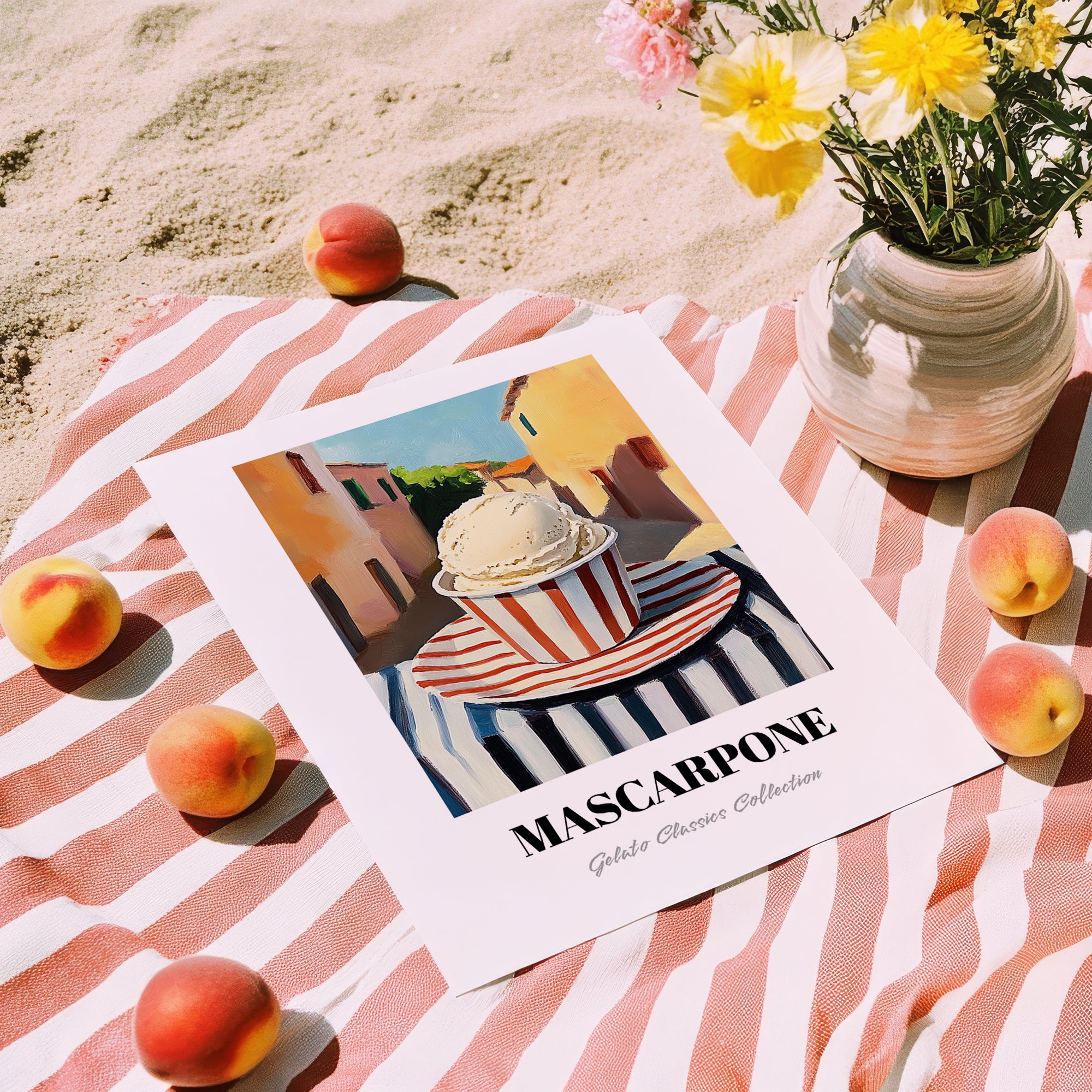 Gelato Mascarpone – Italian Street Café Scene, Gelato Still Life, unframed on coastal sand