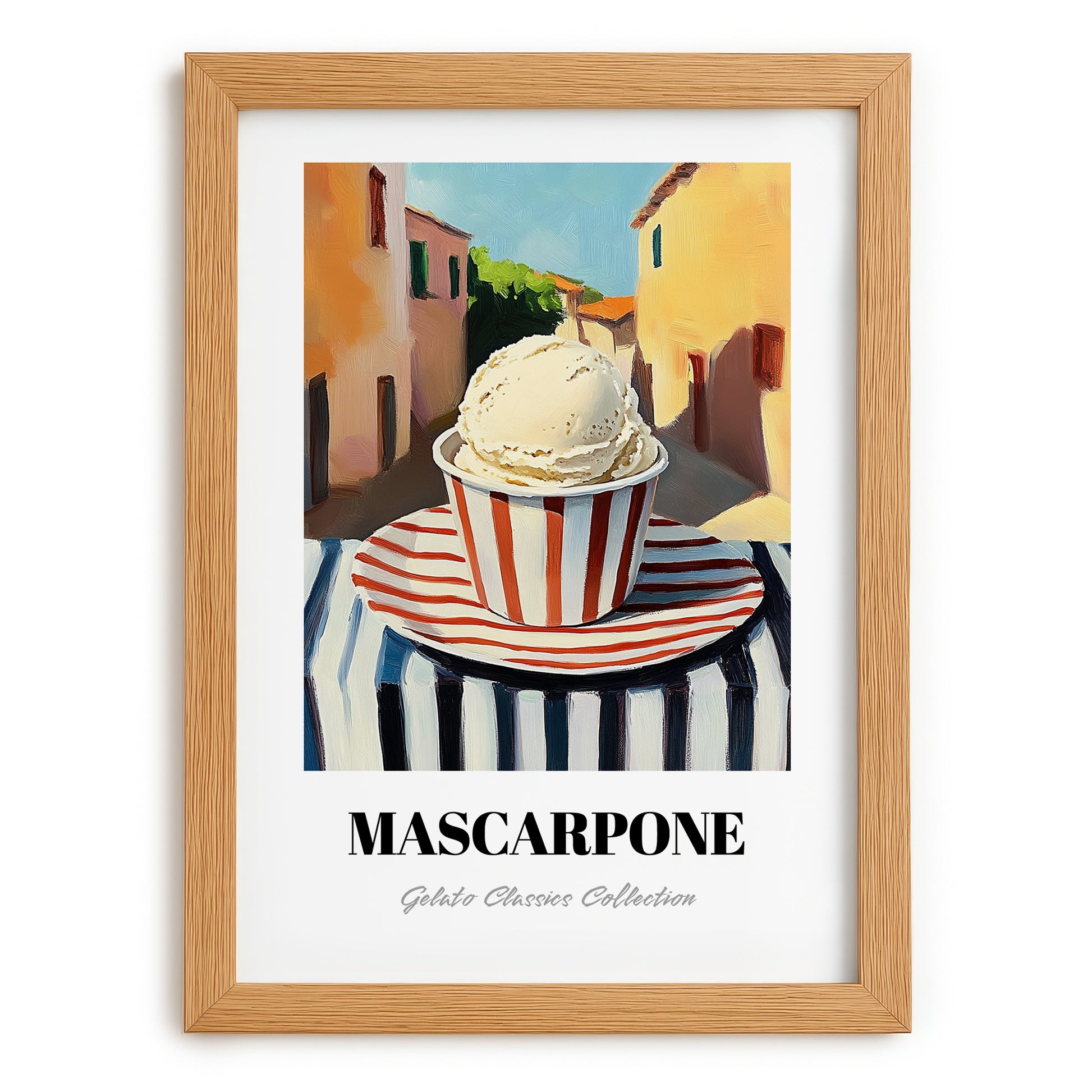 Gelato Mascarpone – Italian Street Café Scene, Gelato Still Life, set in oak frame