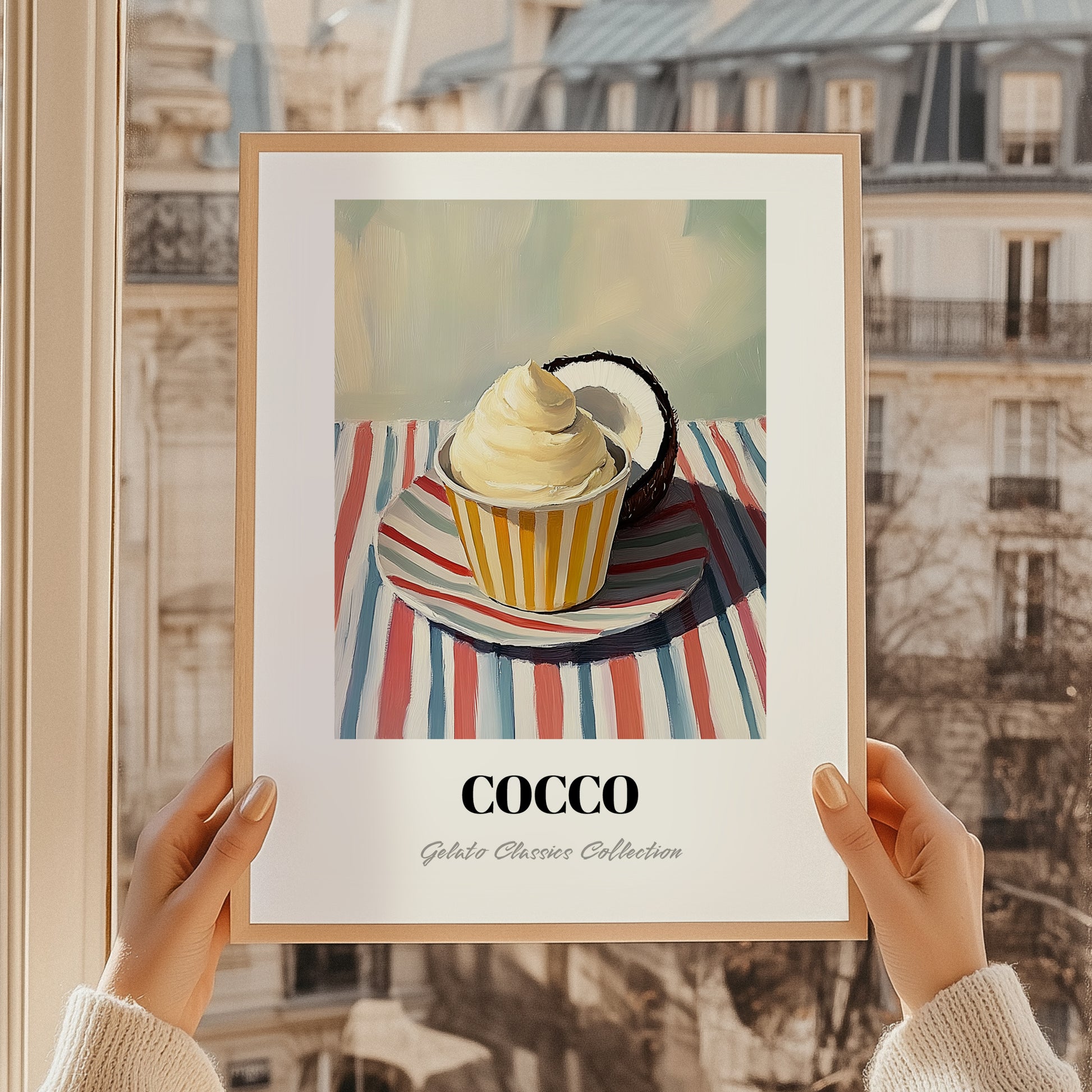 Cocco – on Striped Tablecloth, Gelato Painting, styled in a charming Paris street view