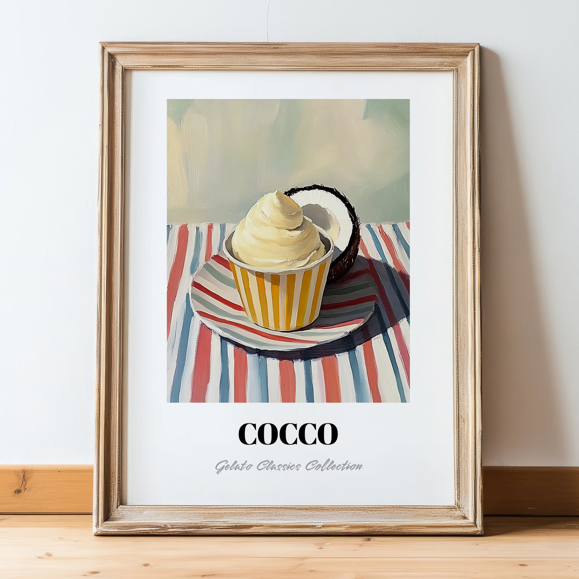 Cocco – on Striped Tablecloth, Gelato Painting, in wooden frame leaning on the floor