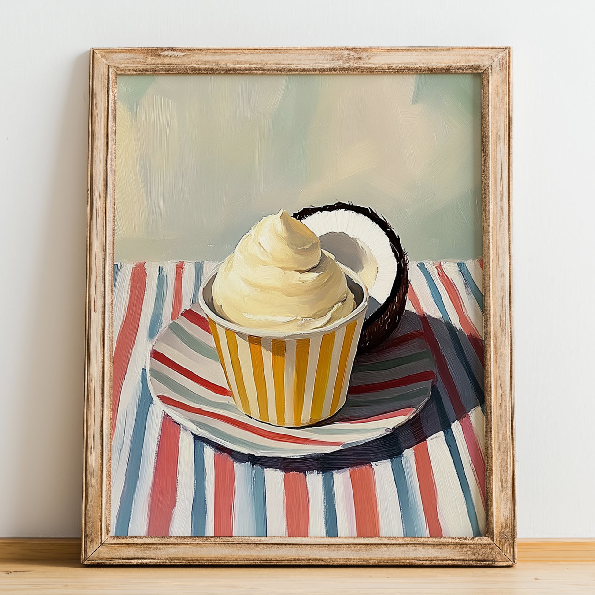 Cocco – on Striped Tablecloth, Gelato Painting, no-text version framed in wood