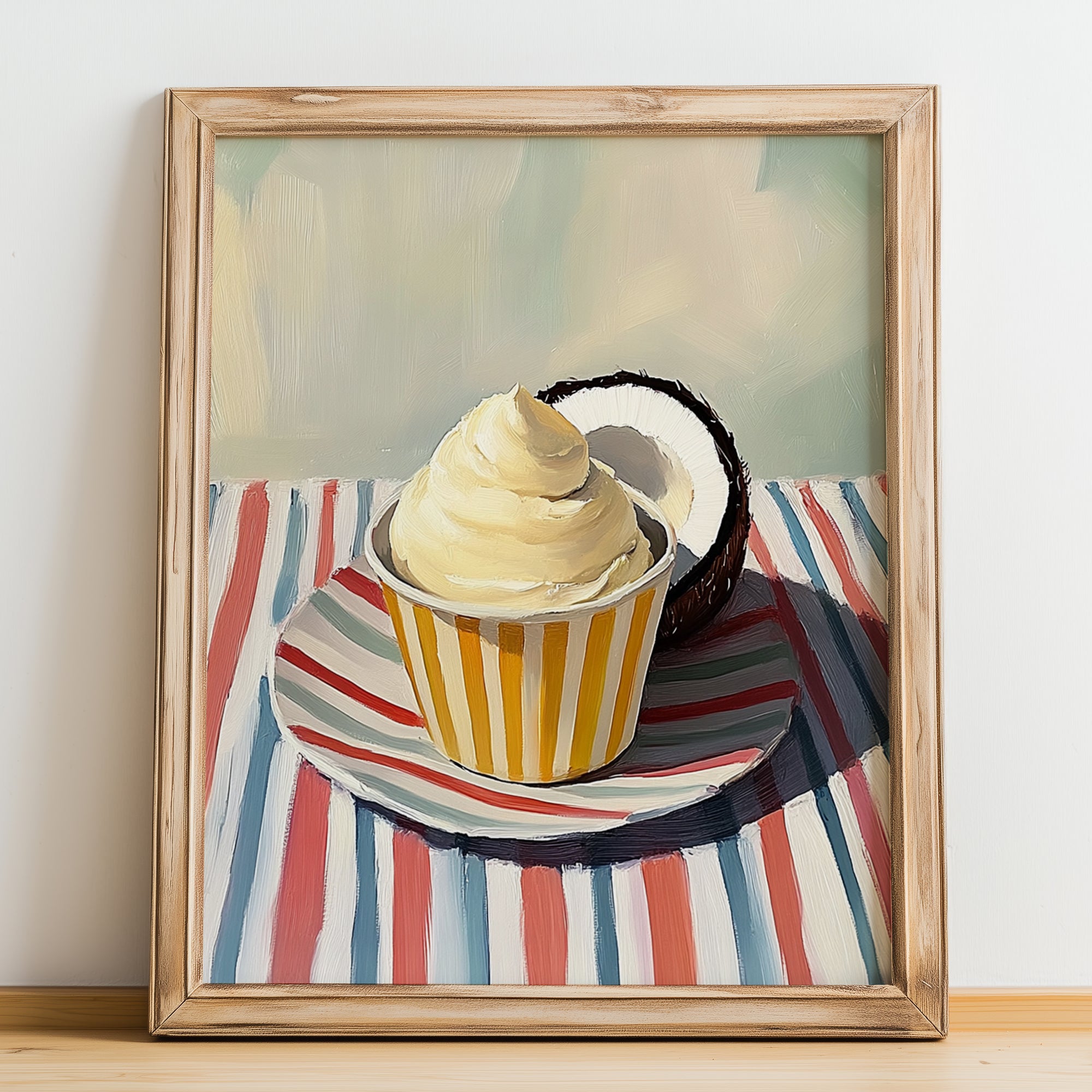 Cocco – on Striped Tablecloth, Gelato Painting, no-text version framed in wood