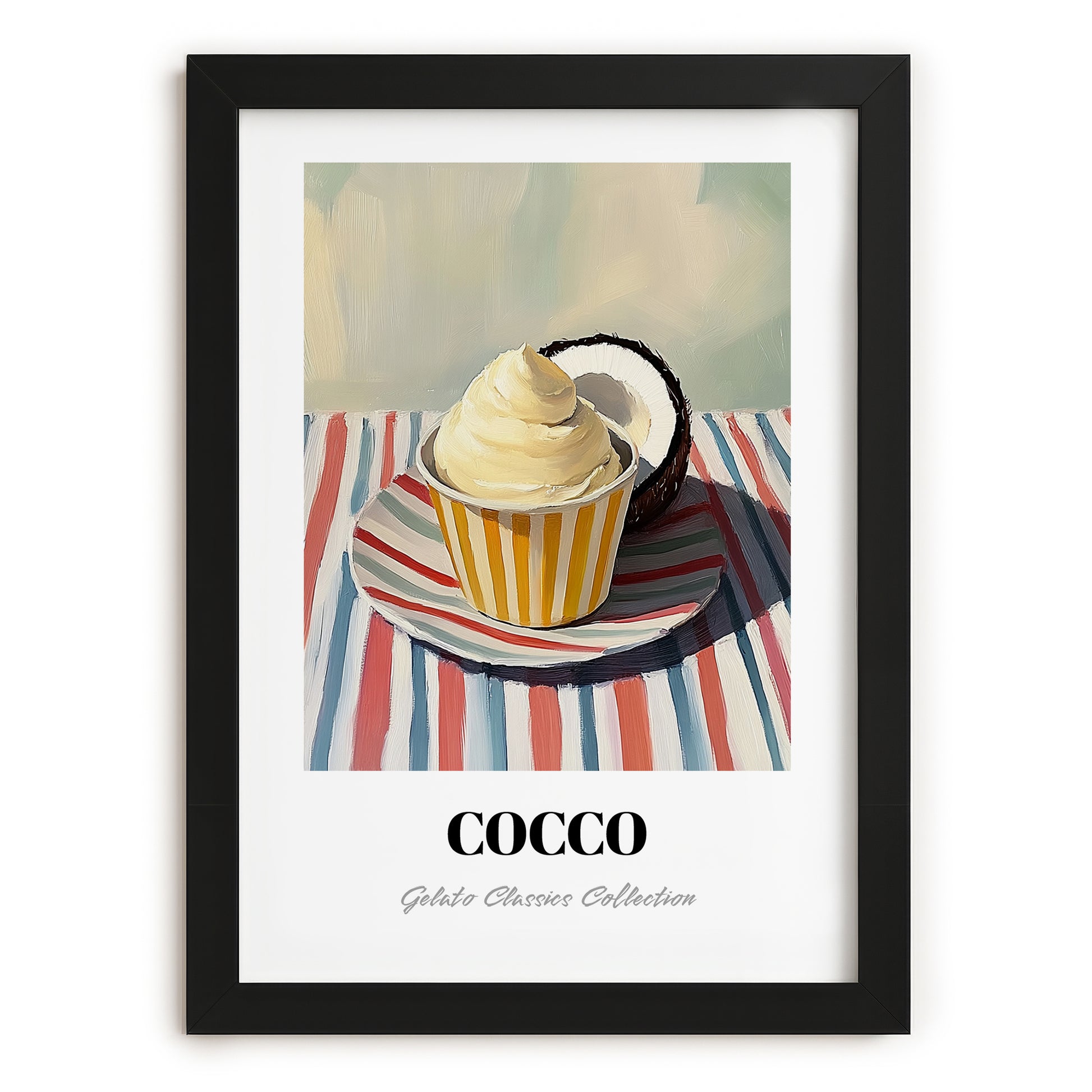Cocco – on Striped Tablecloth, Gelato Painting, in sleek black frame