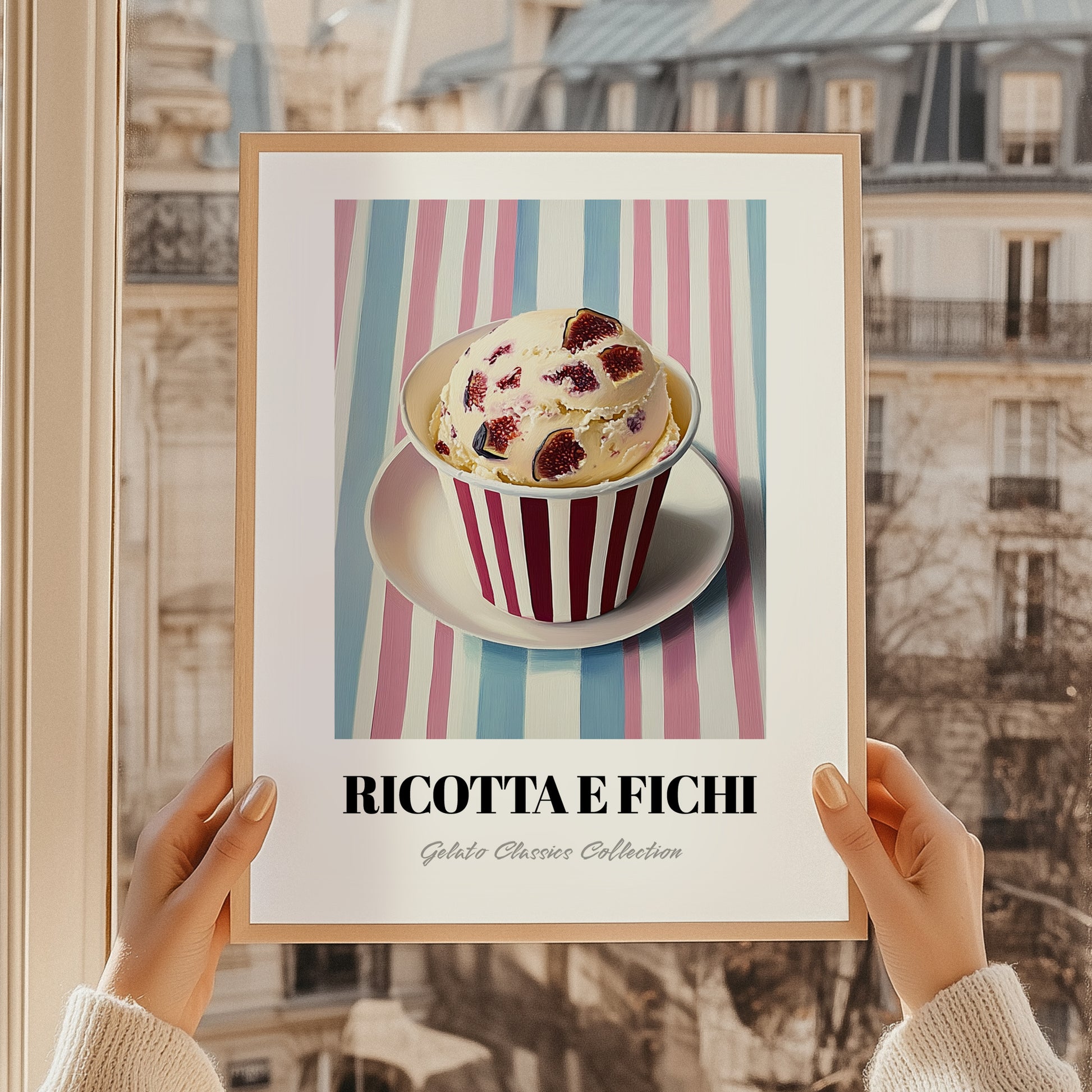 Ricotta E Fichi – on Striped Tablecloth, Gelato Print, styled in a charming Paris street view