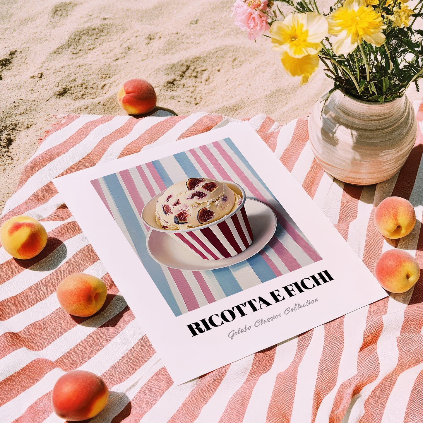 Ricotta E Fichi – on Striped Tablecloth, Gelato Print, unframed on coastal sand