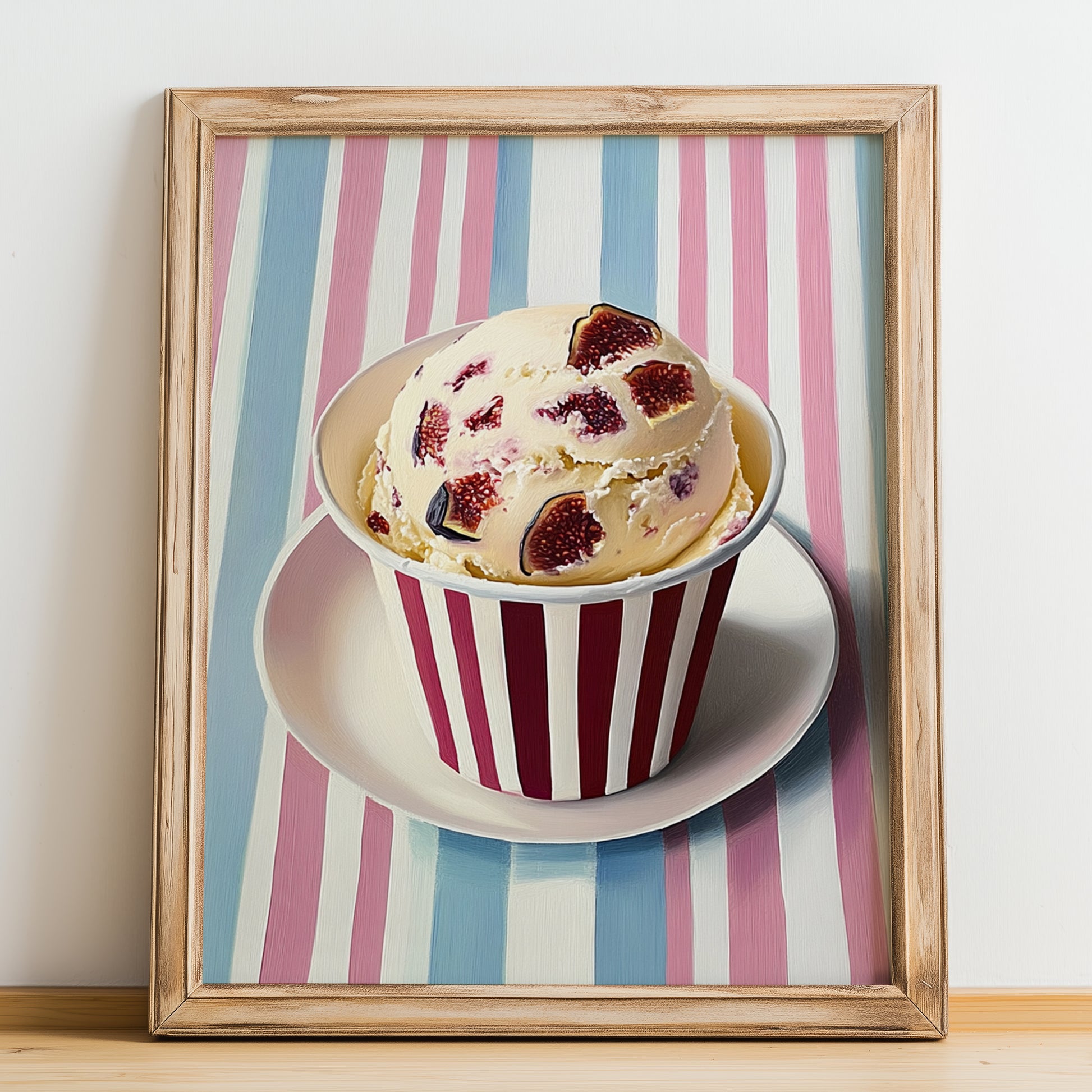 Ricotta E Fichi – on Striped Tablecloth, Gelato Print, no-text version framed in wood