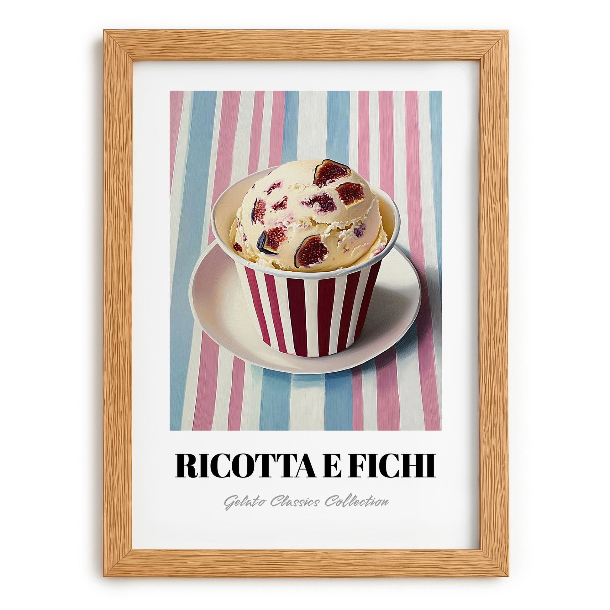 Ricotta E Fichi – on Striped Tablecloth, Gelato Print, set in oak frame