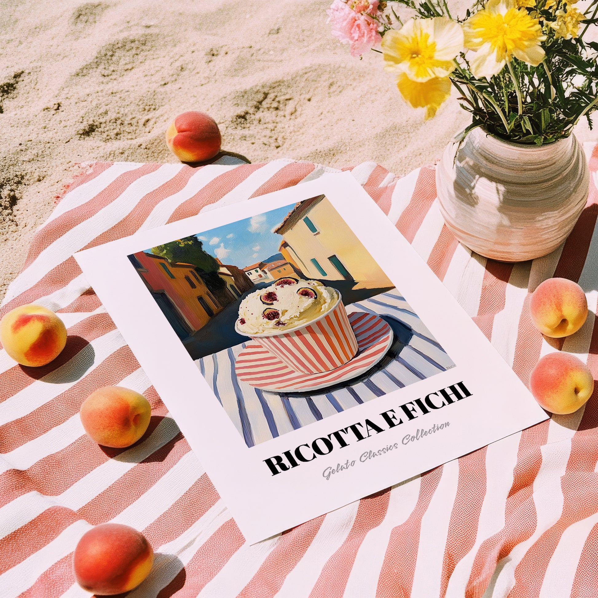 Gelato Ricotta E Fichi – Italian Café on the Corner, Gelato Still Life, unframed on coastal sand