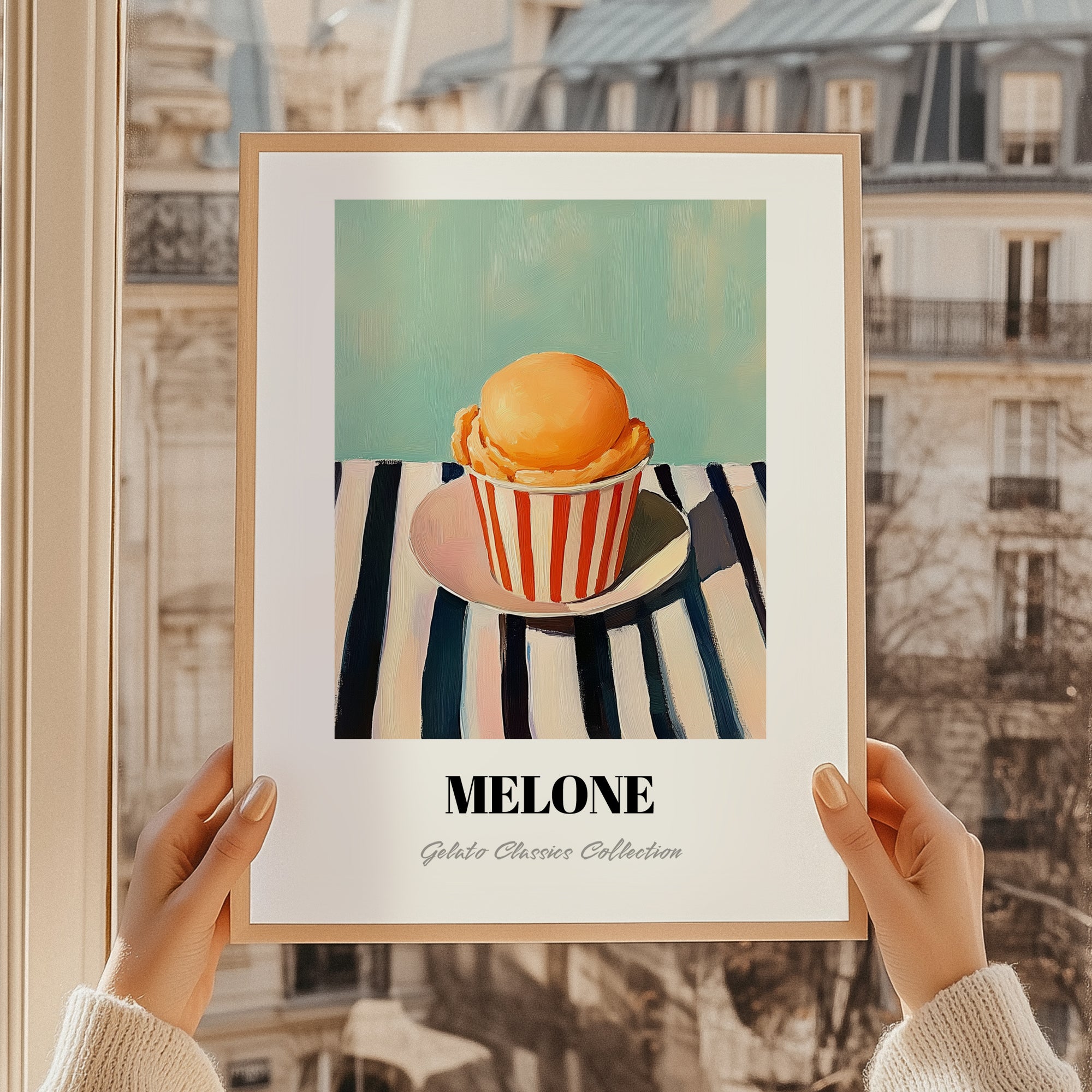 Melone – on Striped Tablecloth, Gelato Wall Decor, styled in a charming Paris street view