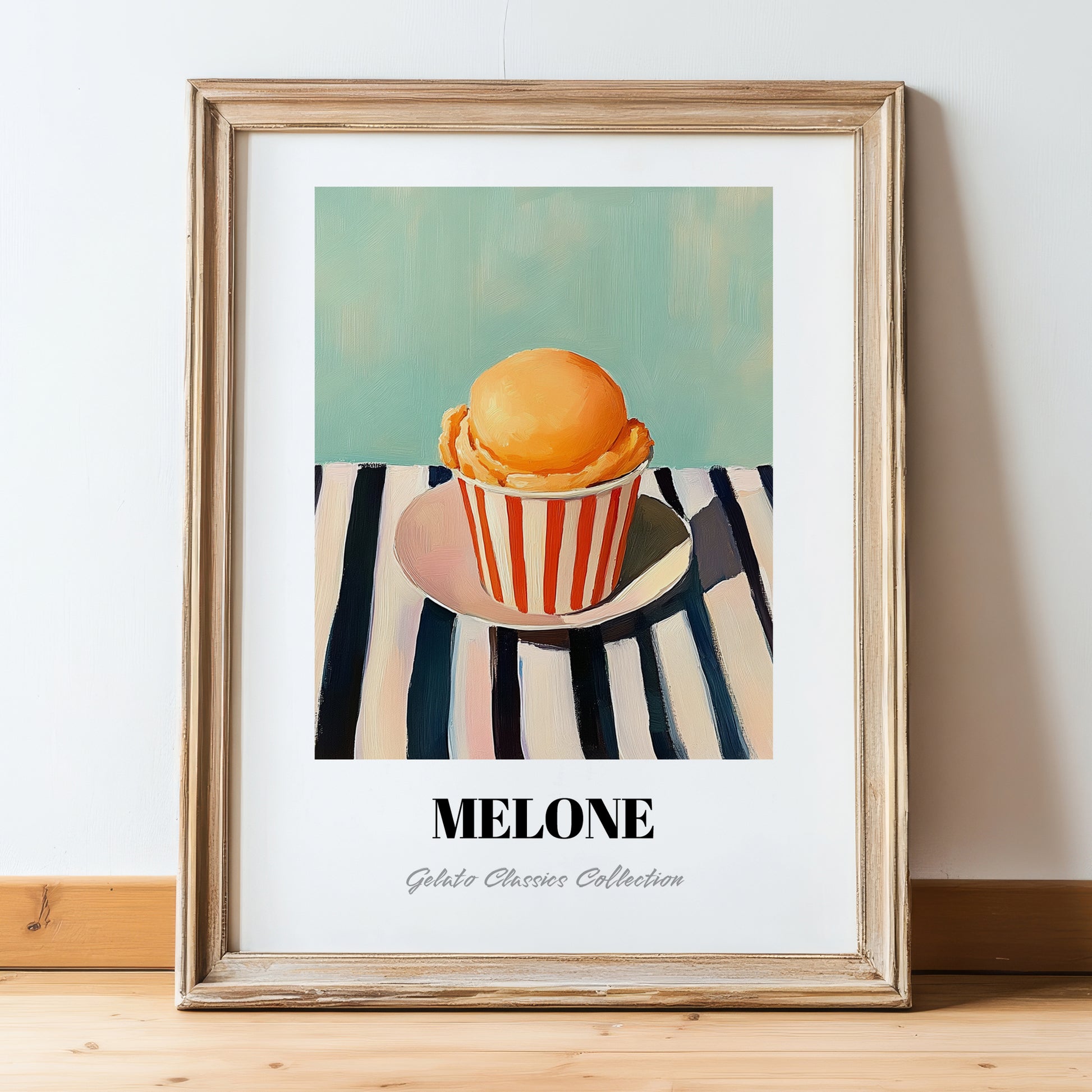Melone – on Striped Tablecloth, Gelato Wall Decor, in wooden frame leaning on the floor