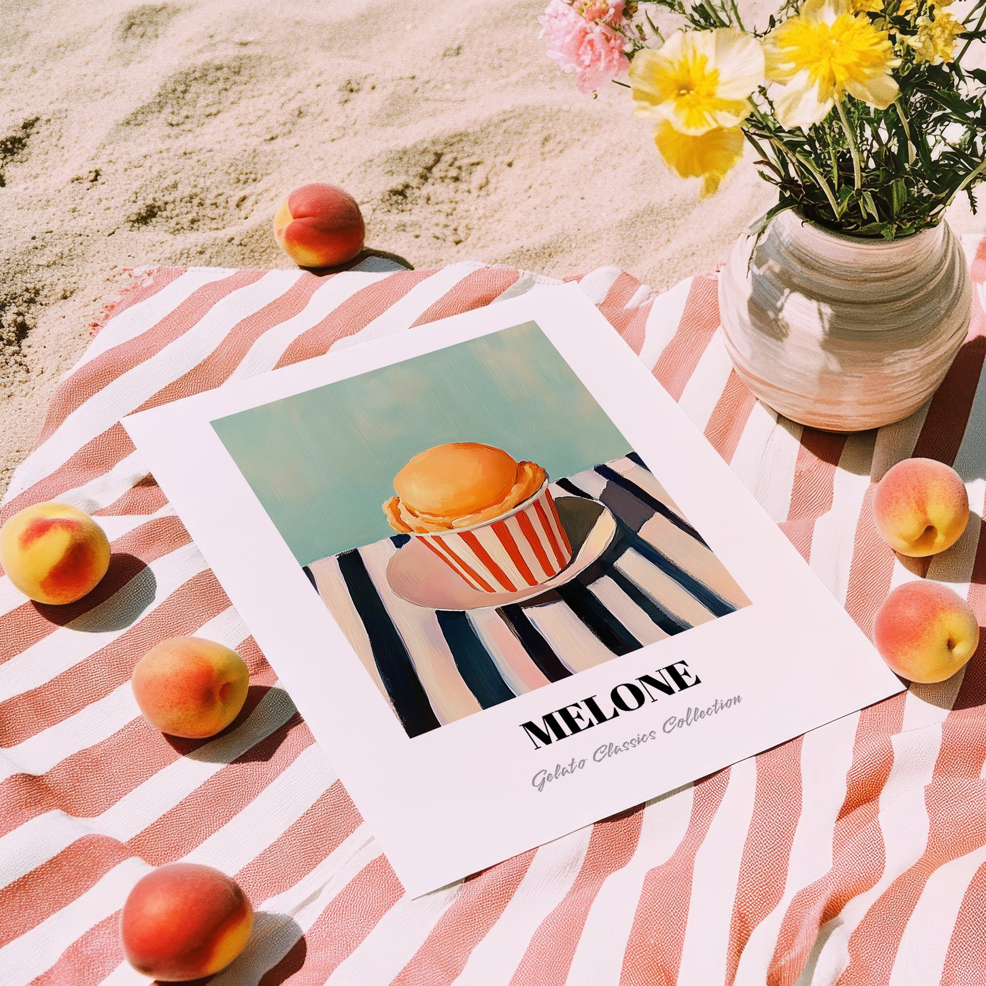 Melone – on Striped Tablecloth, Gelato Wall Decor, unframed on coastal sand