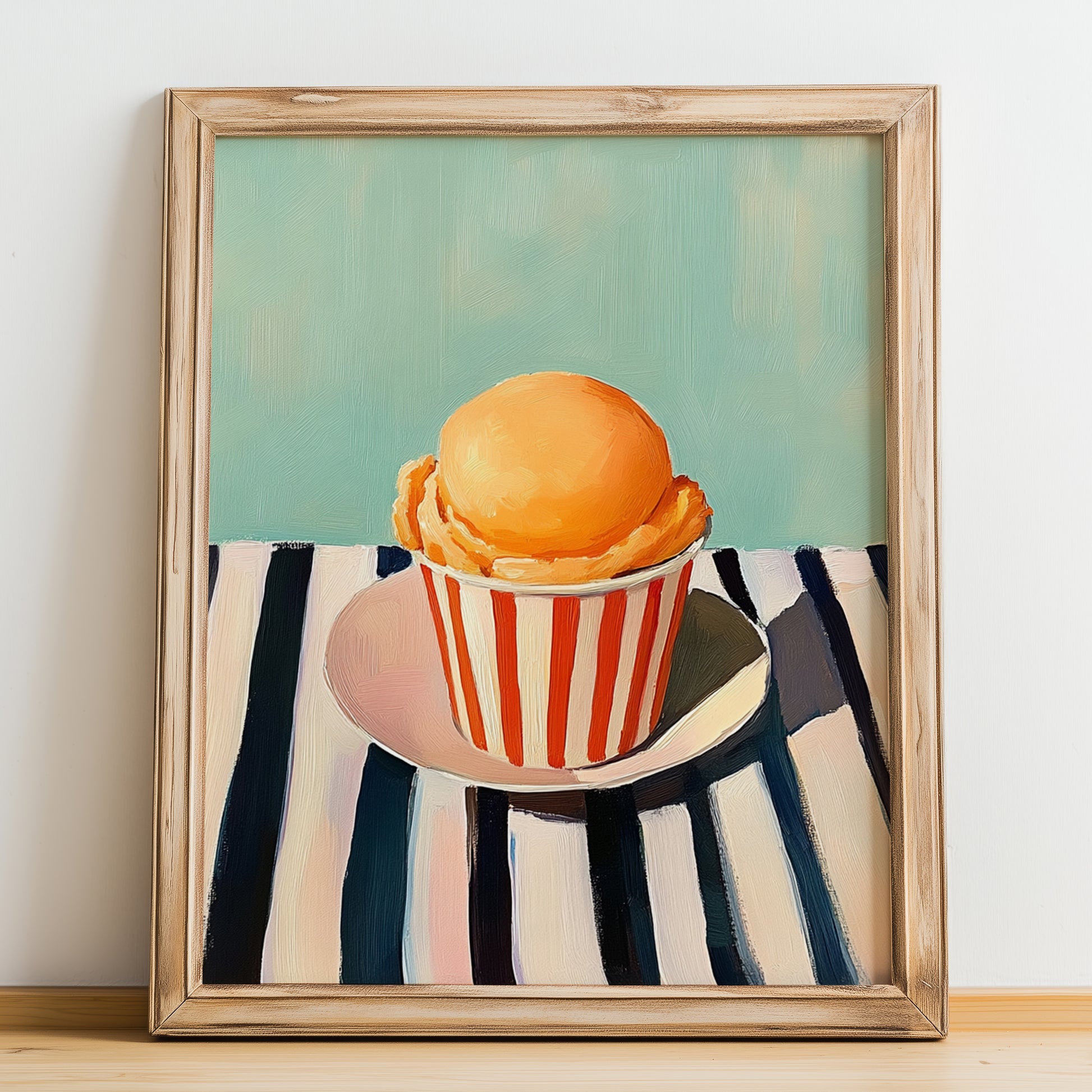 Melone – on Striped Tablecloth, Gelato Wall Decor, no-text version framed in wood