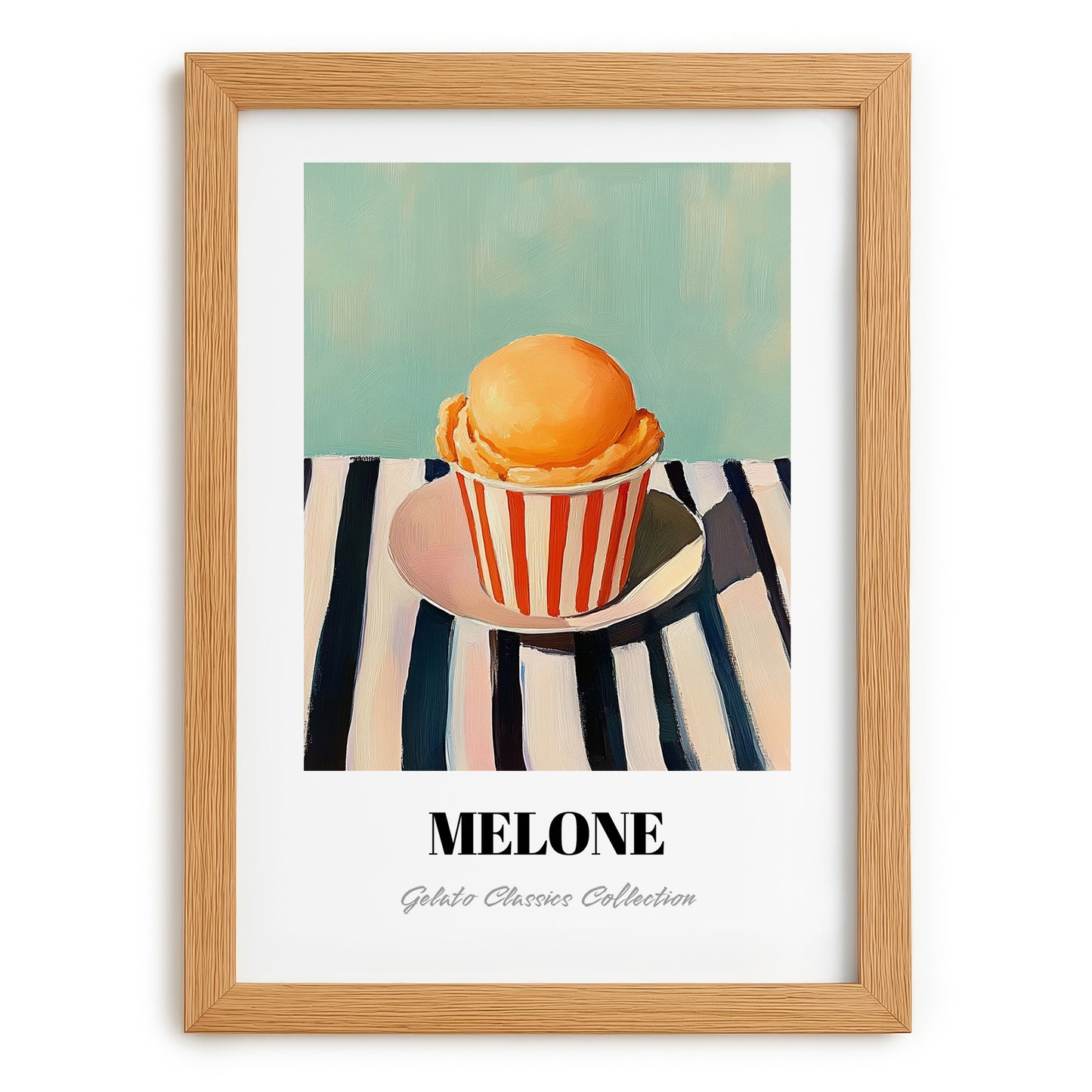 Melone – on Striped Tablecloth, Gelato Wall Decor, set in oak frame