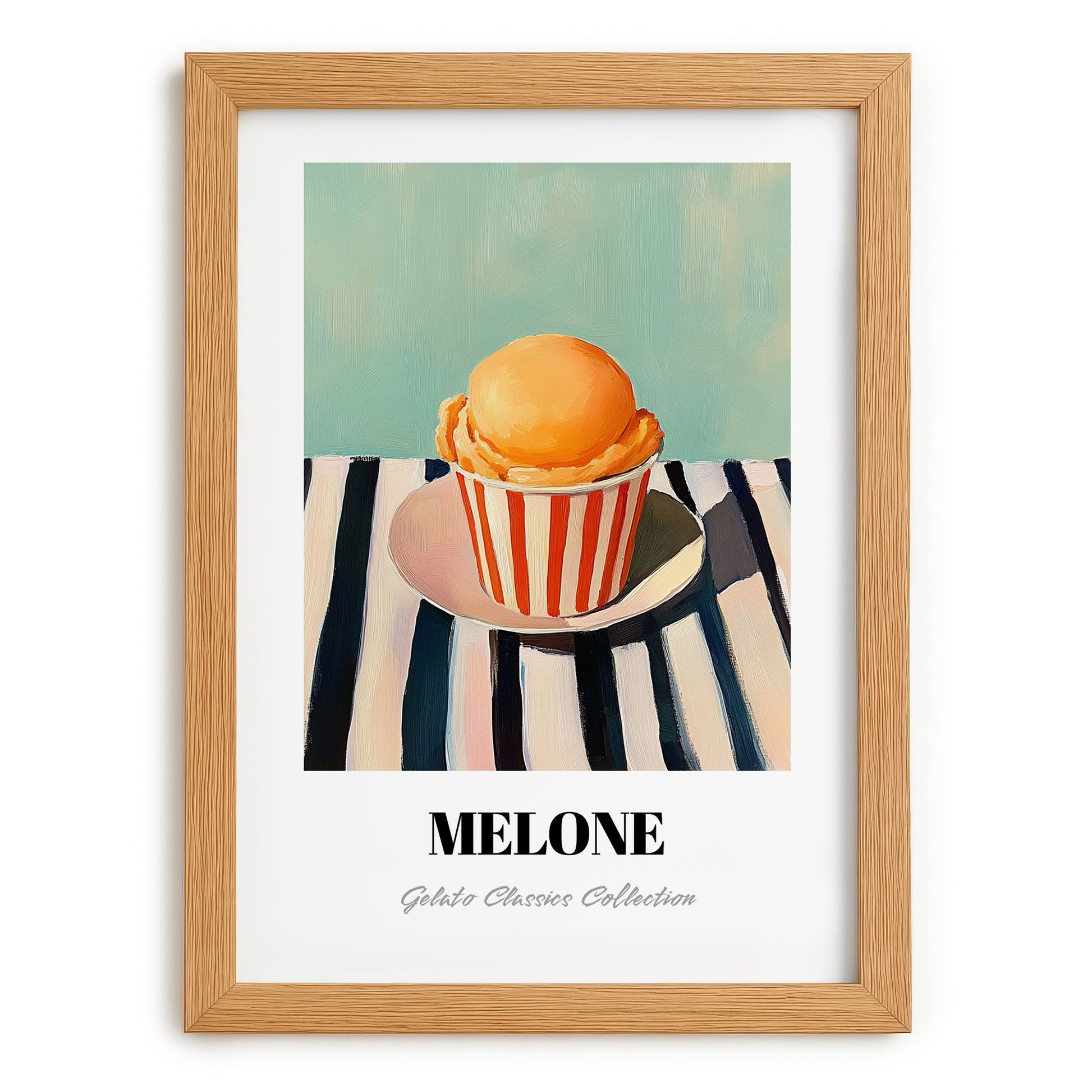 Melone – on Striped Tablecloth, Gelato Wall Decor, set in oak frame