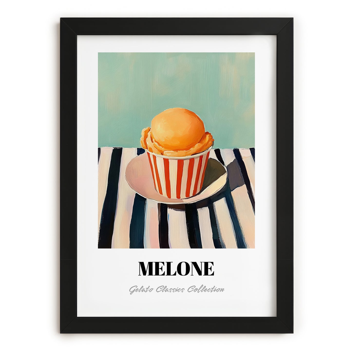 Melone – on Striped Tablecloth, Gelato Wall Decor, in sleek black frame