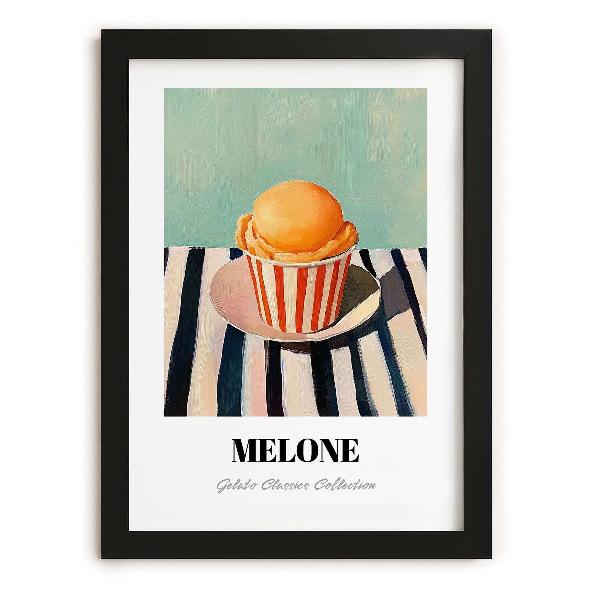 Melone – on Striped Tablecloth, Gelato Wall Decor, in sleek black frame