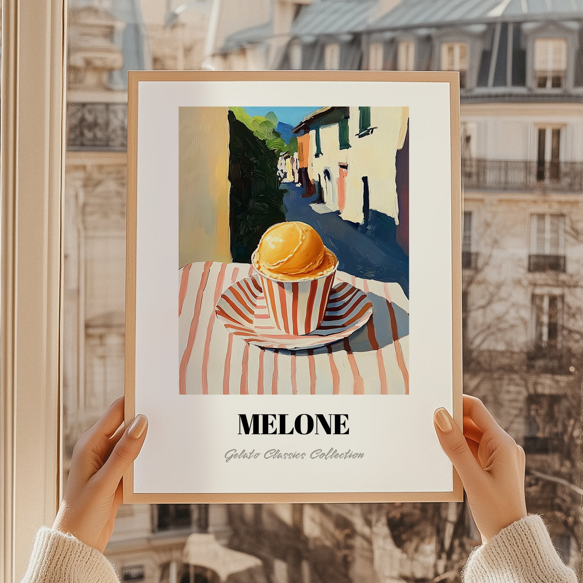 Gelato Melone – Italian Street Café Scene, Gelato Painting, styled in a charming Paris street view