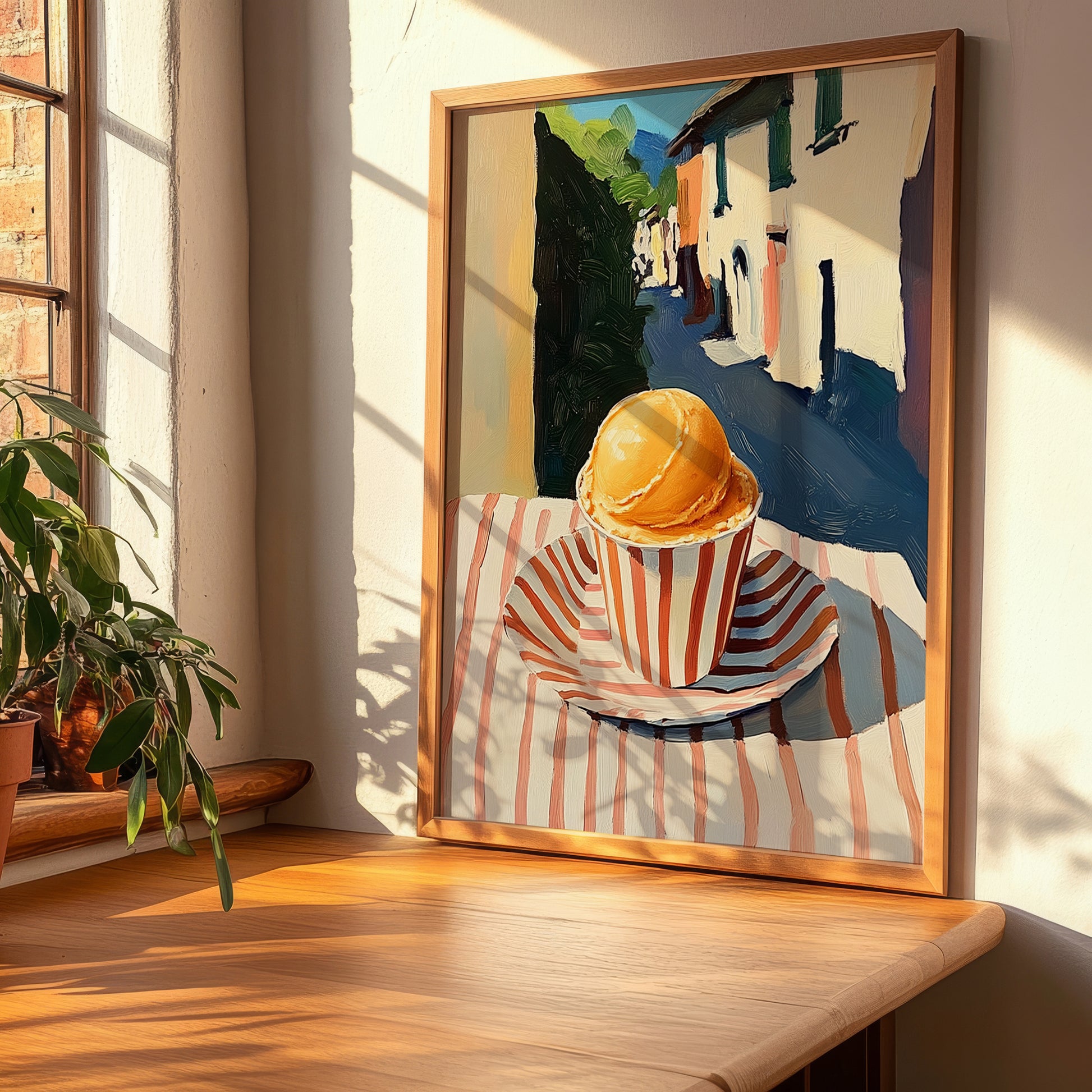 Gelato Melone – Italian Street Café Scene, Gelato Painting, clean layout with no caption