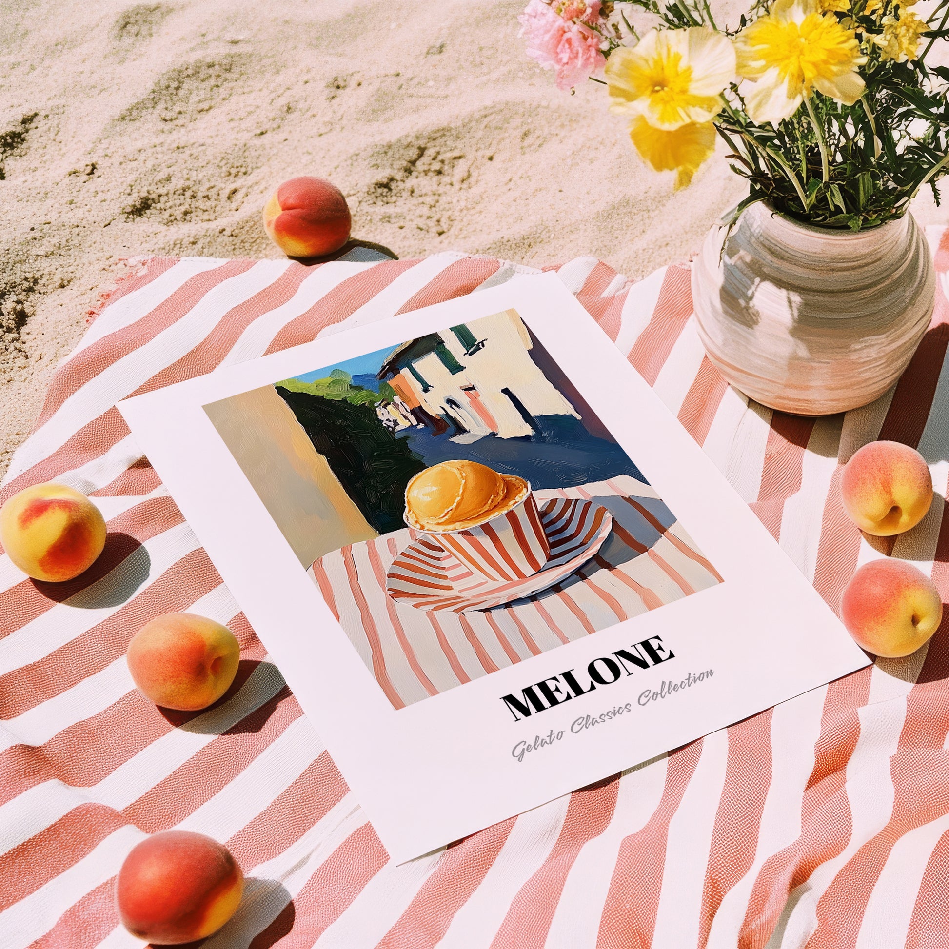 Gelato Melone – Italian Street Café Scene, Gelato Painting, unframed on coastal sand