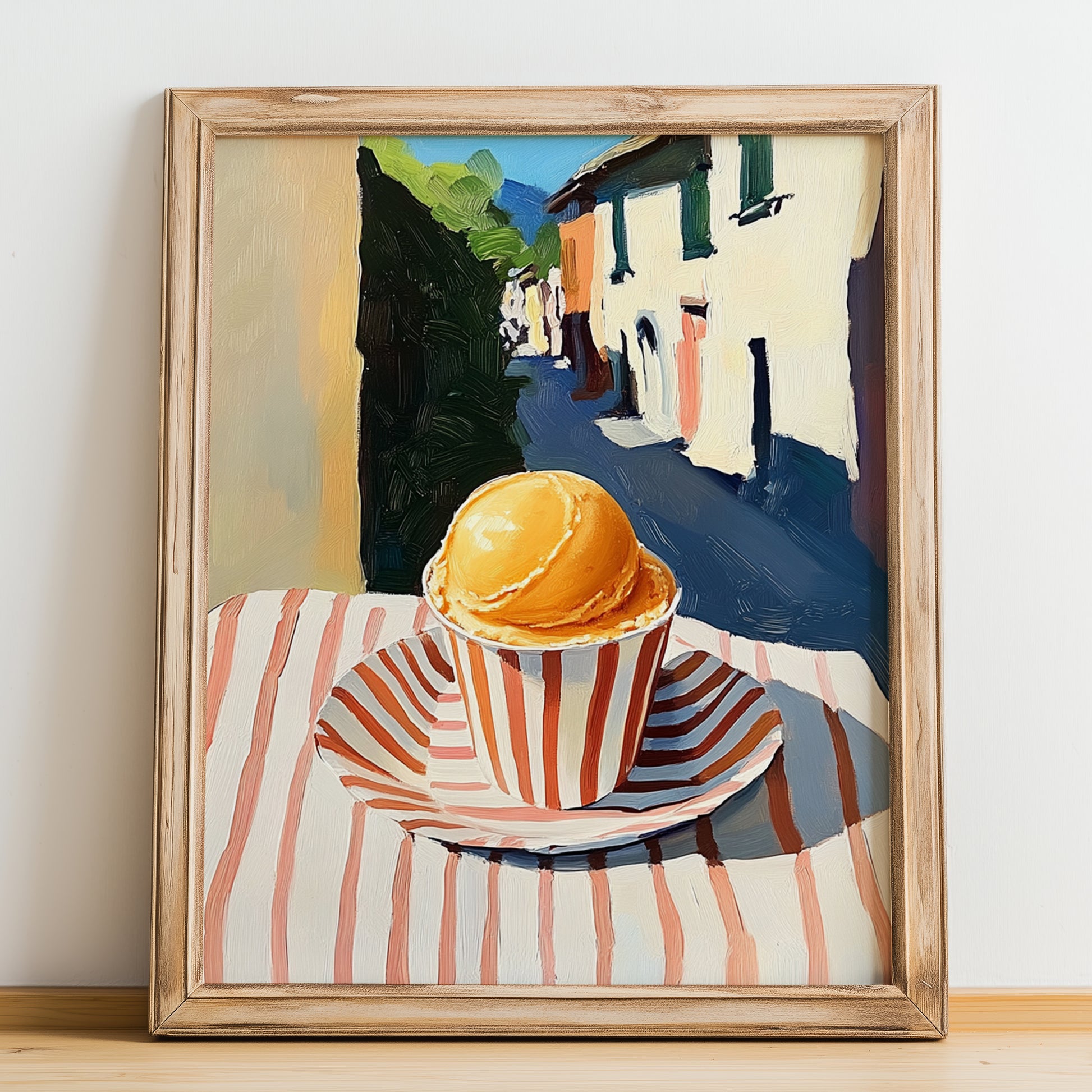 Gelato Melone – Italian Street Café Scene, Gelato Painting, no-text version framed in wood