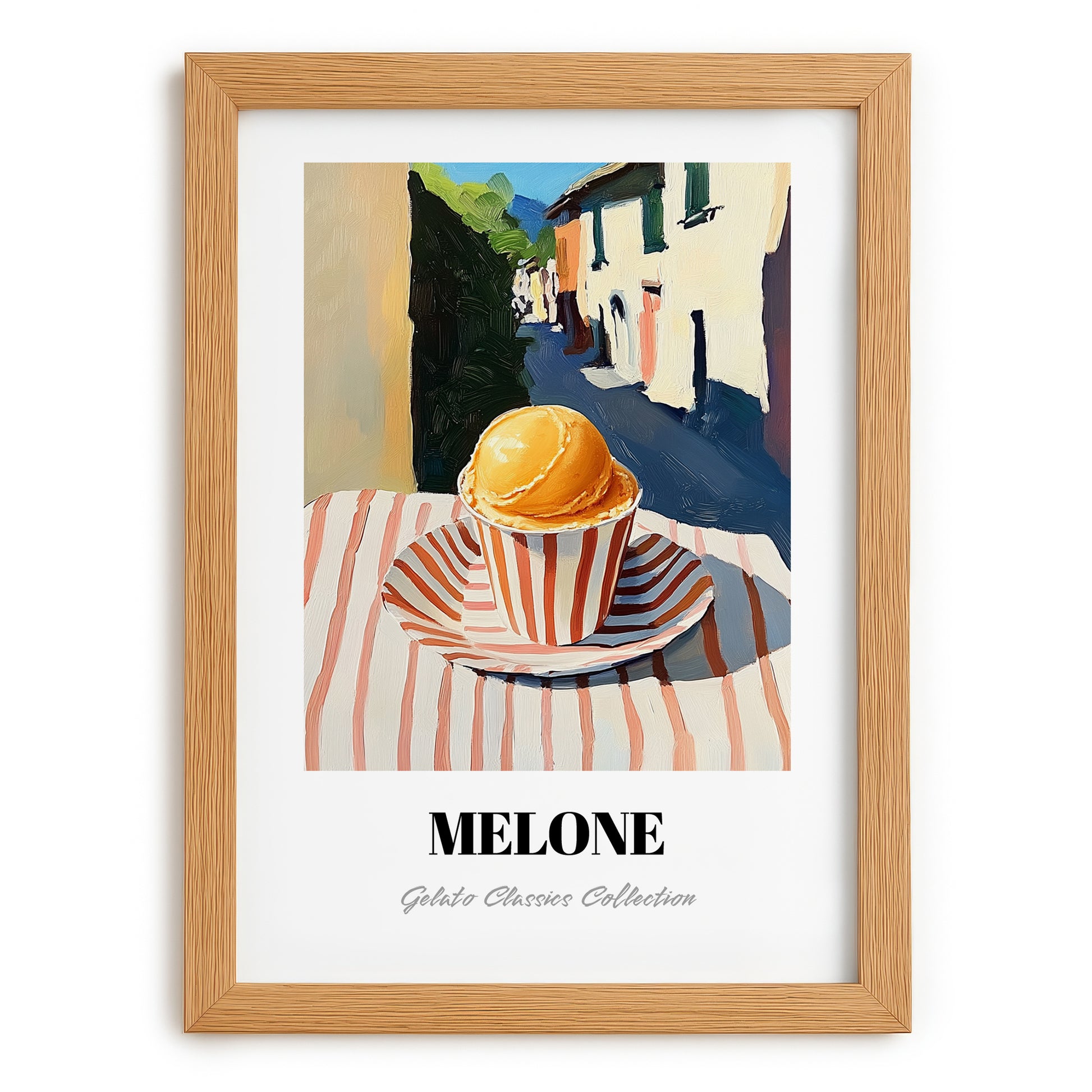 Gelato Melone – Italian Street Café Scene, Gelato Painting, set in oak frame