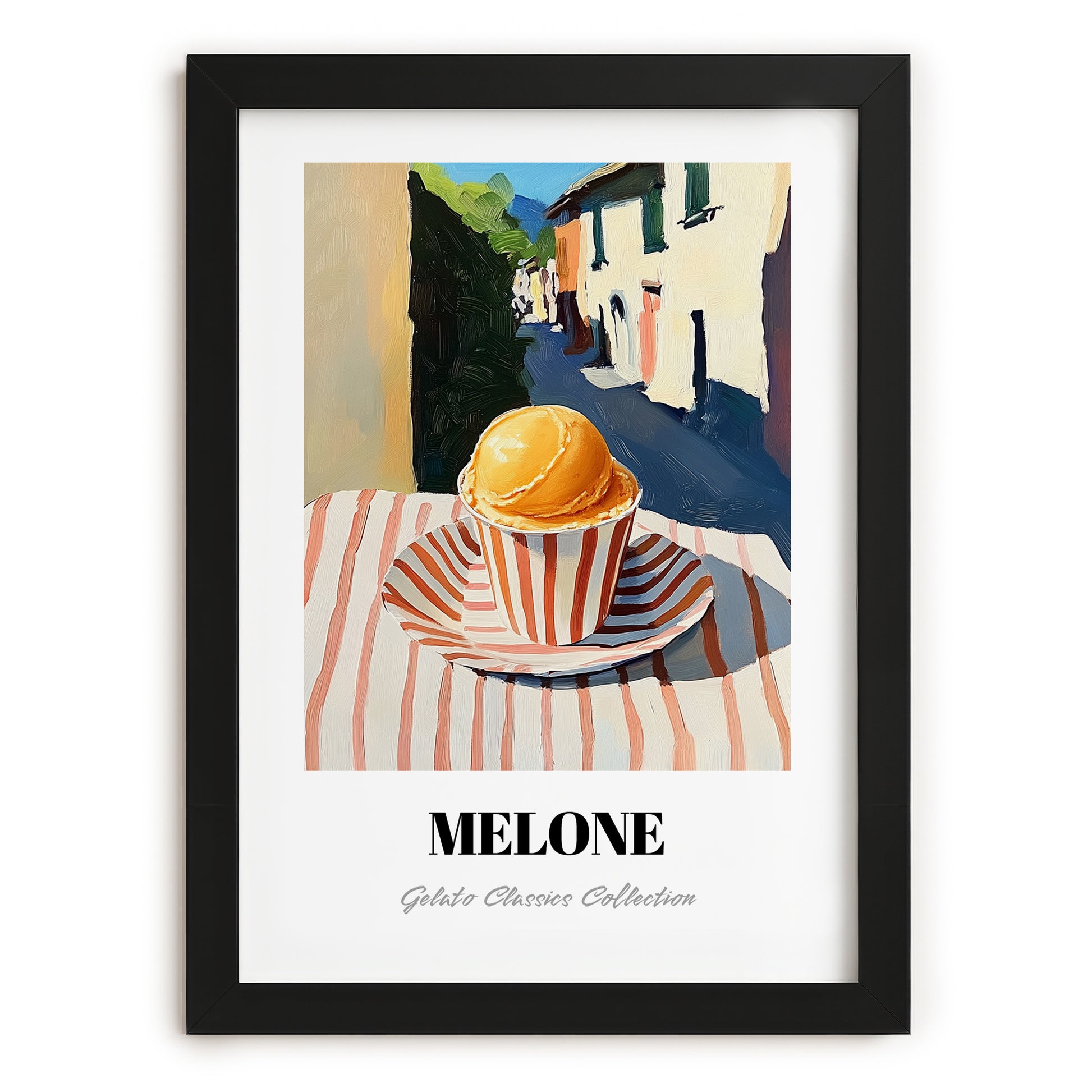 Gelato Melone – Italian Street Café Scene, Gelato Painting, in sleek black frame