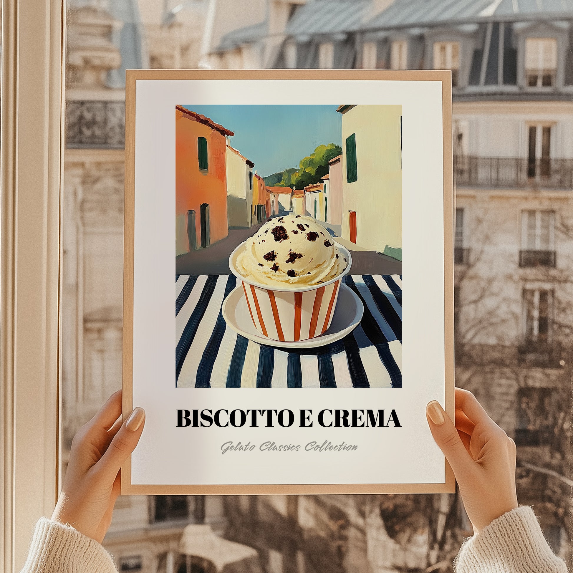 Gelato Biscotto E Crema – Italian Café on the Corner, Gelato Poster, styled in a charming Paris street view