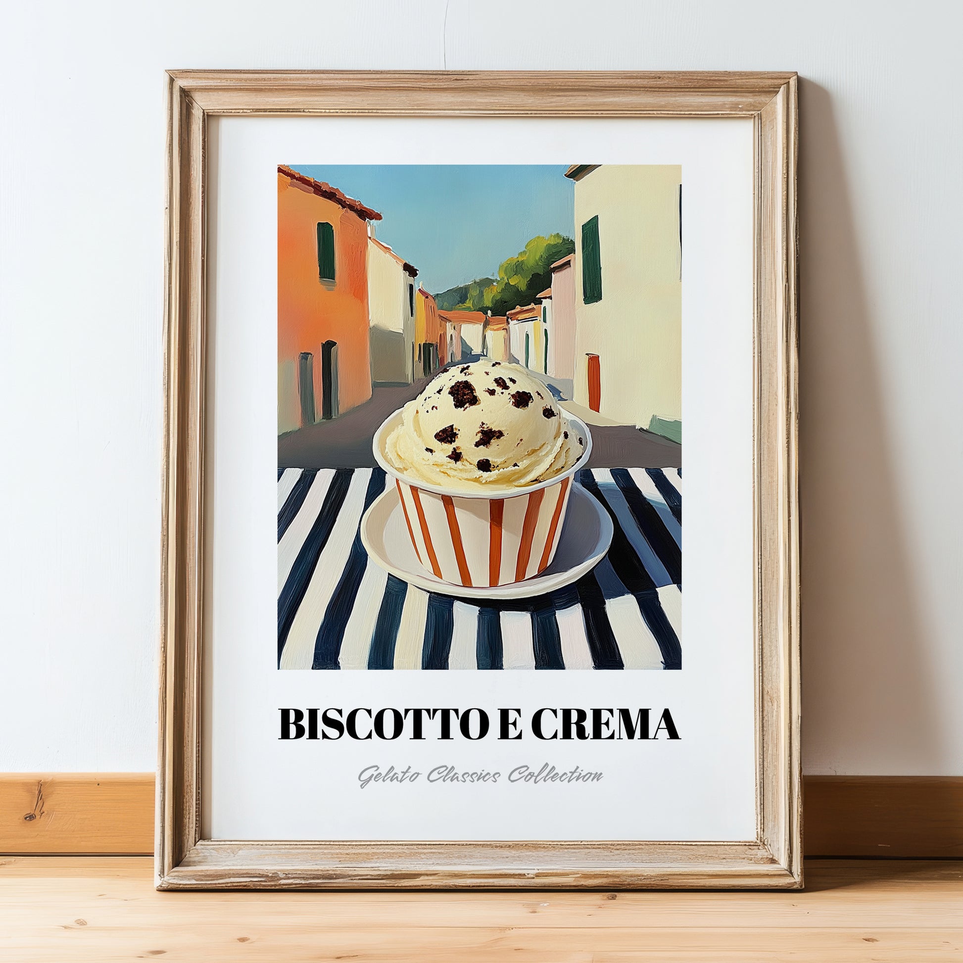Gelato Biscotto E Crema – Italian Café on the Corner, Gelato Poster, in wooden frame leaning on the floor