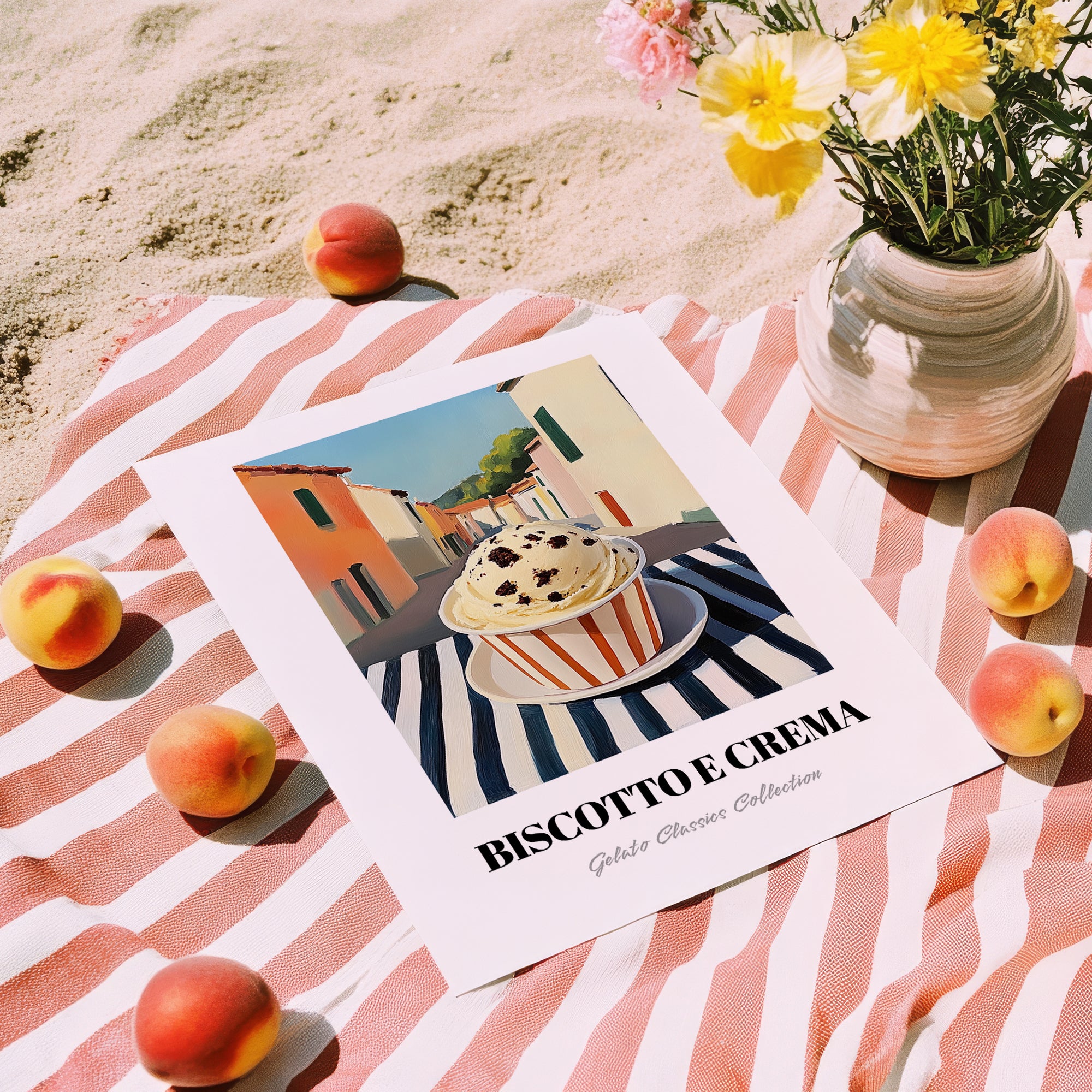Gelato Biscotto E Crema – Italian Café on the Corner, Gelato Poster, unframed on coastal sand
