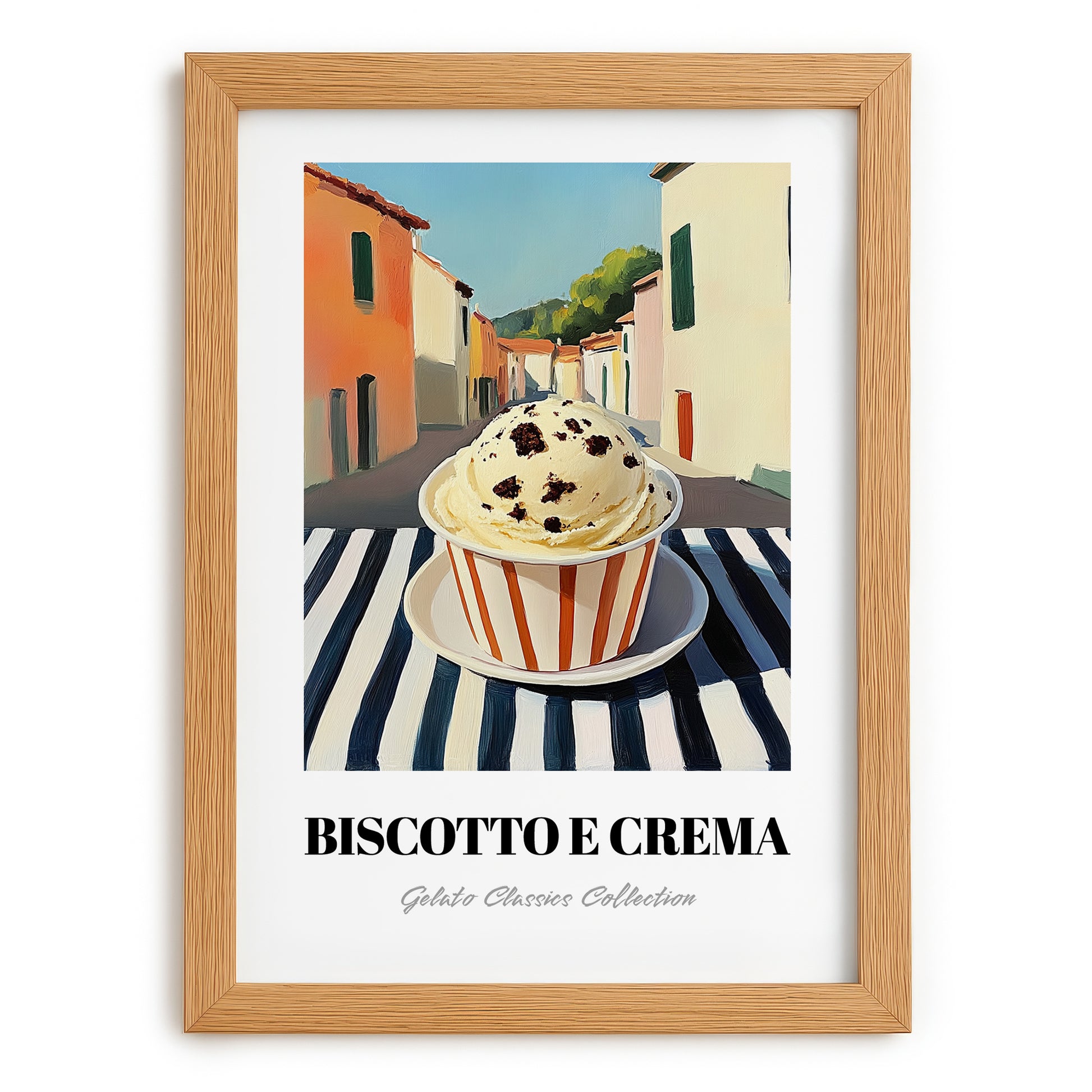 Gelato Biscotto E Crema – Italian Café on the Corner, Gelato Poster, set in oak frame