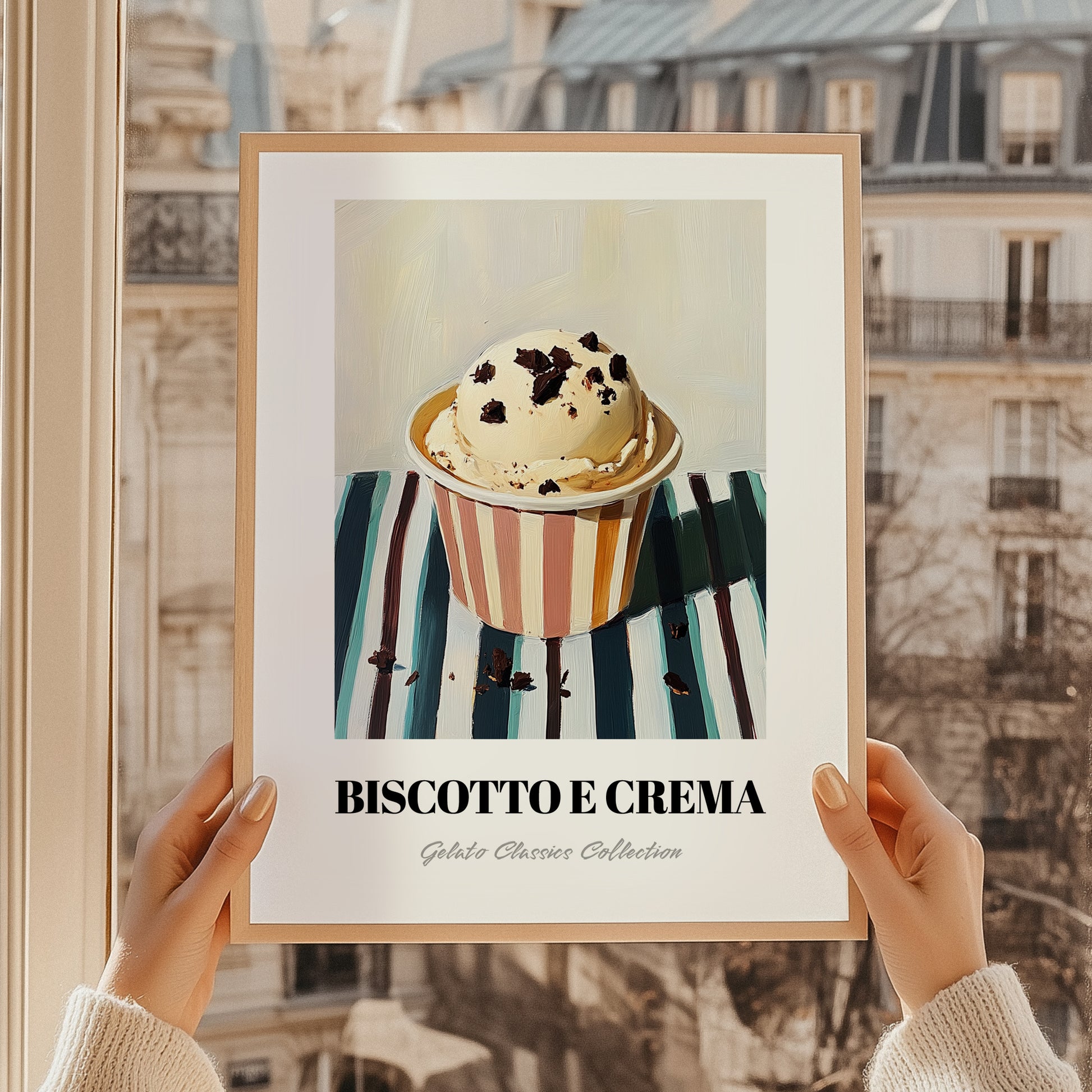 Biscotto E Crema – on Striped Tablecloth, Gelato Painting, styled in a charming Paris street view