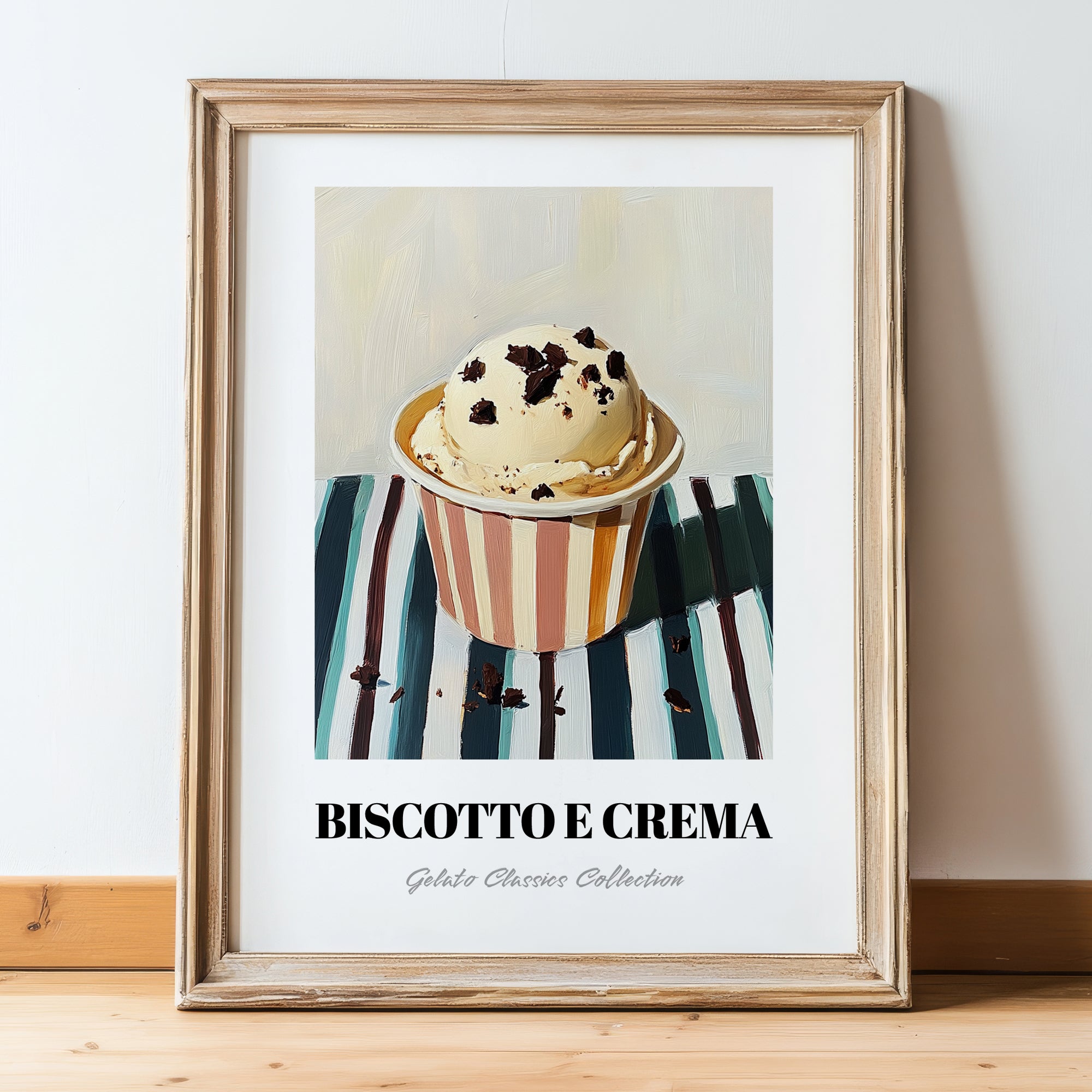 Biscotto E Crema – on Striped Tablecloth, Gelato Painting, in wooden frame leaning on the floor