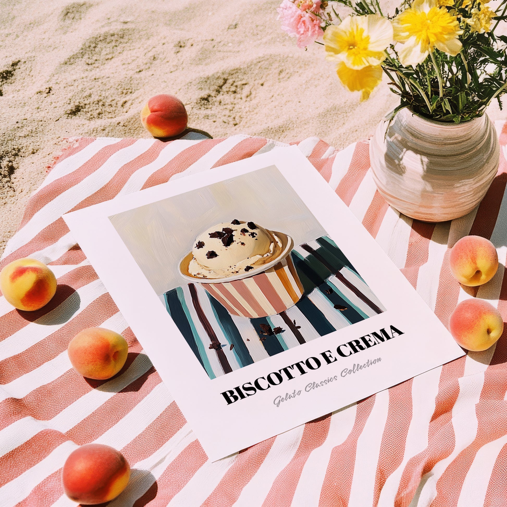 Biscotto E Crema – on Striped Tablecloth, Gelato Painting, unframed on coastal sand