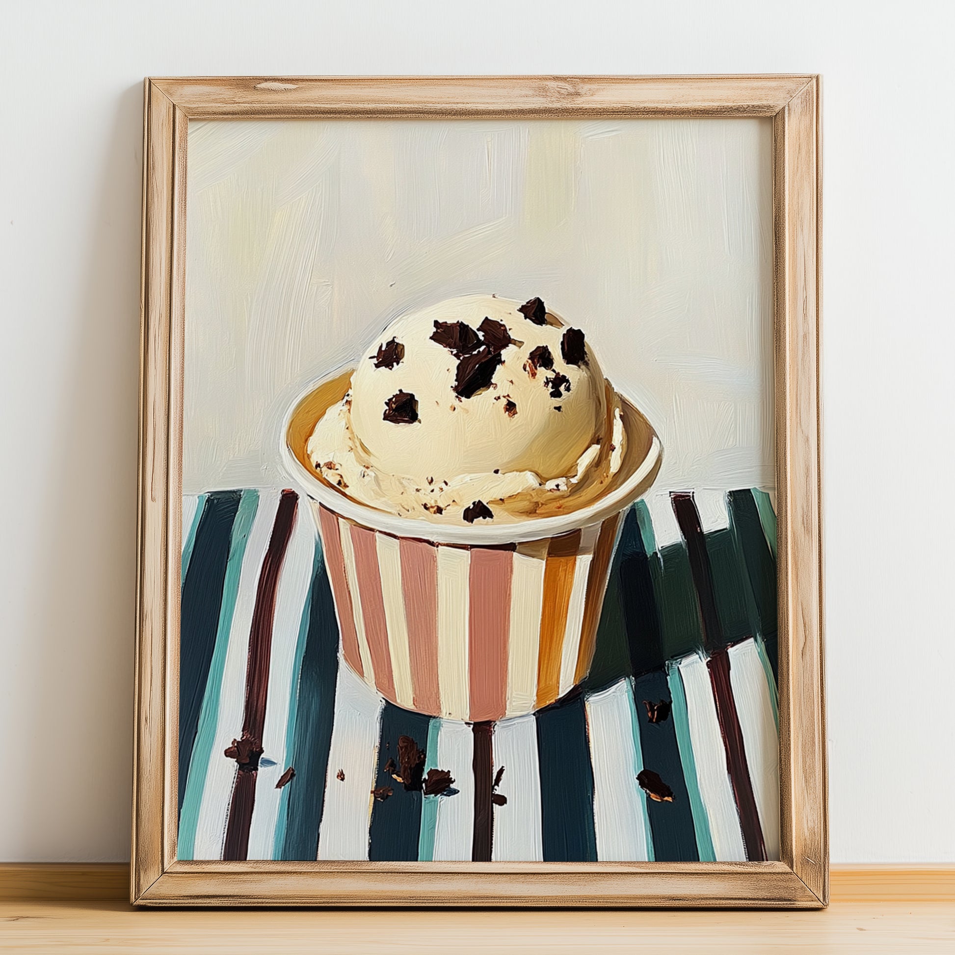Biscotto E Crema – on Striped Tablecloth, Gelato Painting, no-text version framed in wood