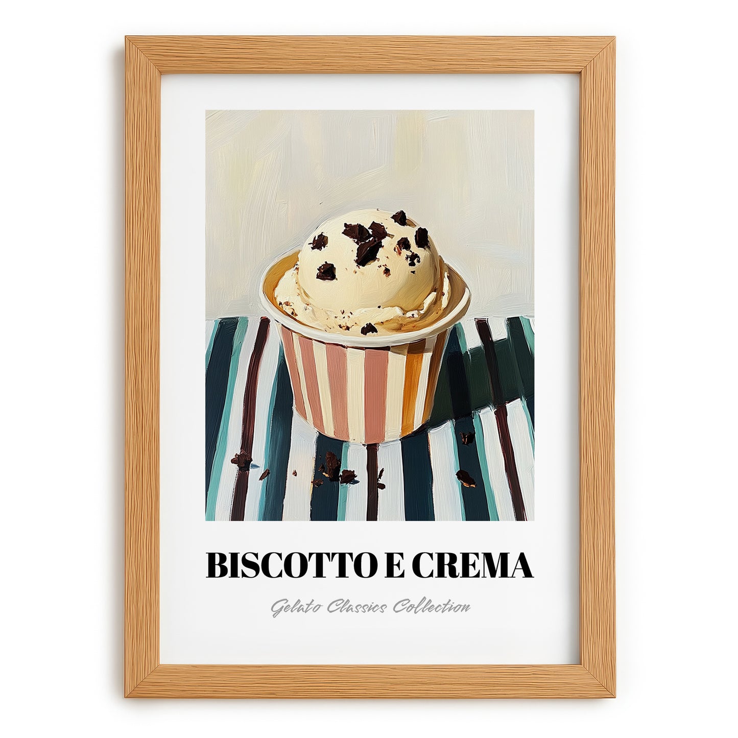 Biscotto E Crema – on Striped Tablecloth, Gelato Painting, set in oak frame