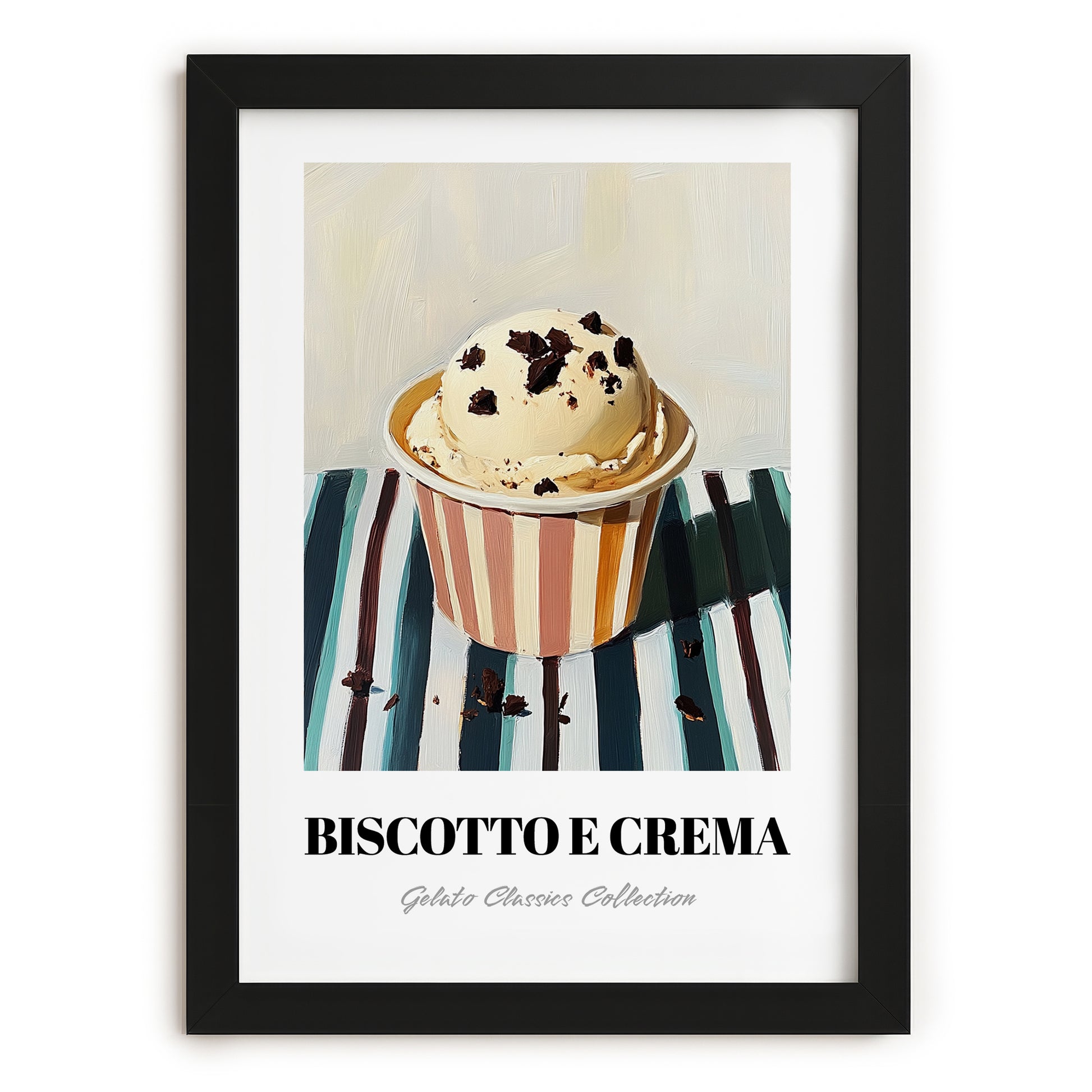 Biscotto E Crema – on Striped Tablecloth, Gelato Painting, in sleek black frame