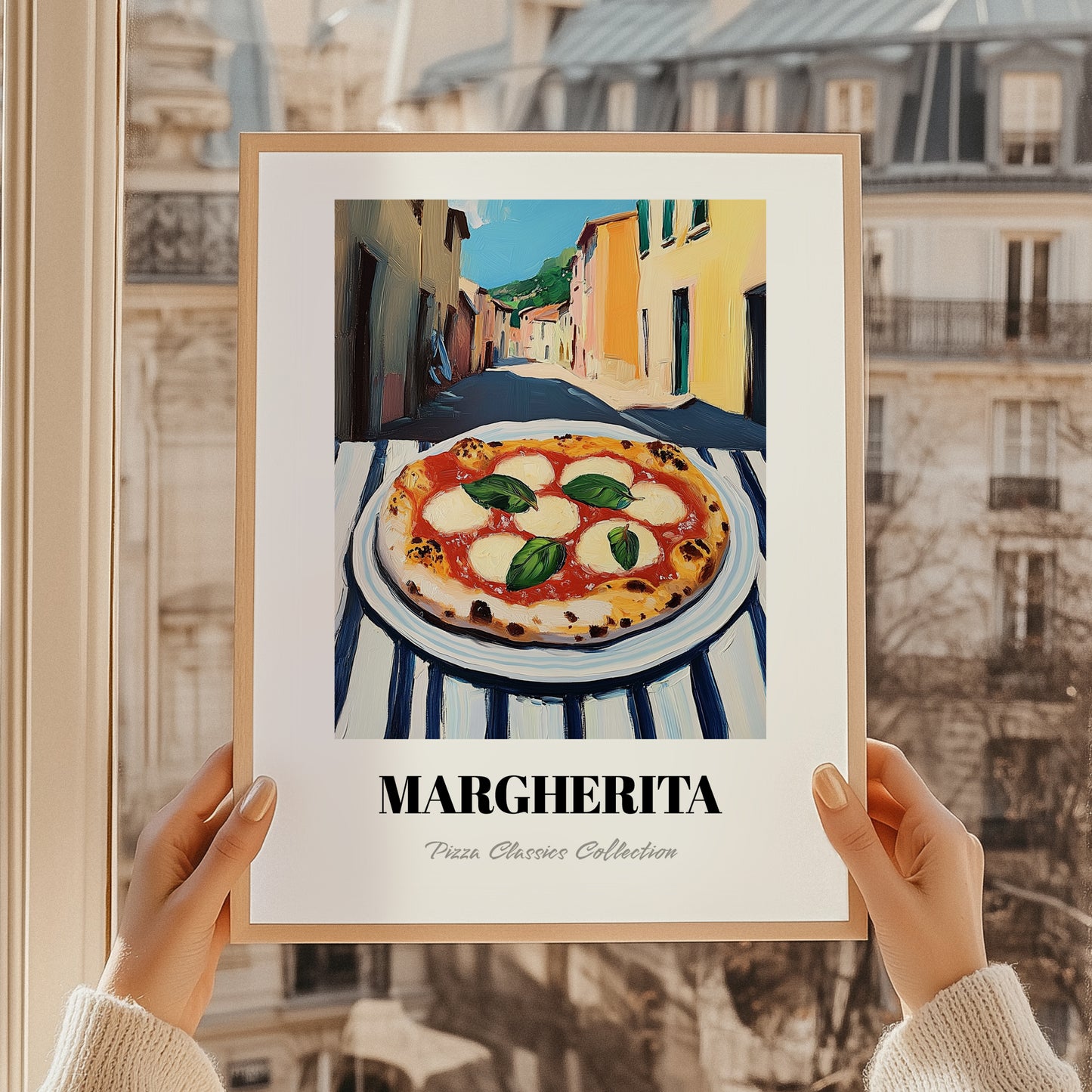 Pizza Margherita – Italian Urban Café Scene, Pizza Still Life, styled in a charming Paris street view